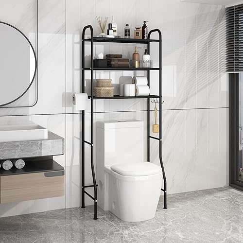 Miniatura 2 de JSB Estante de almacenamiento de baño de metal de 3 niveles sobre el inodoro, organizador multifuncional con estante para papel higiénico (negro, 3
