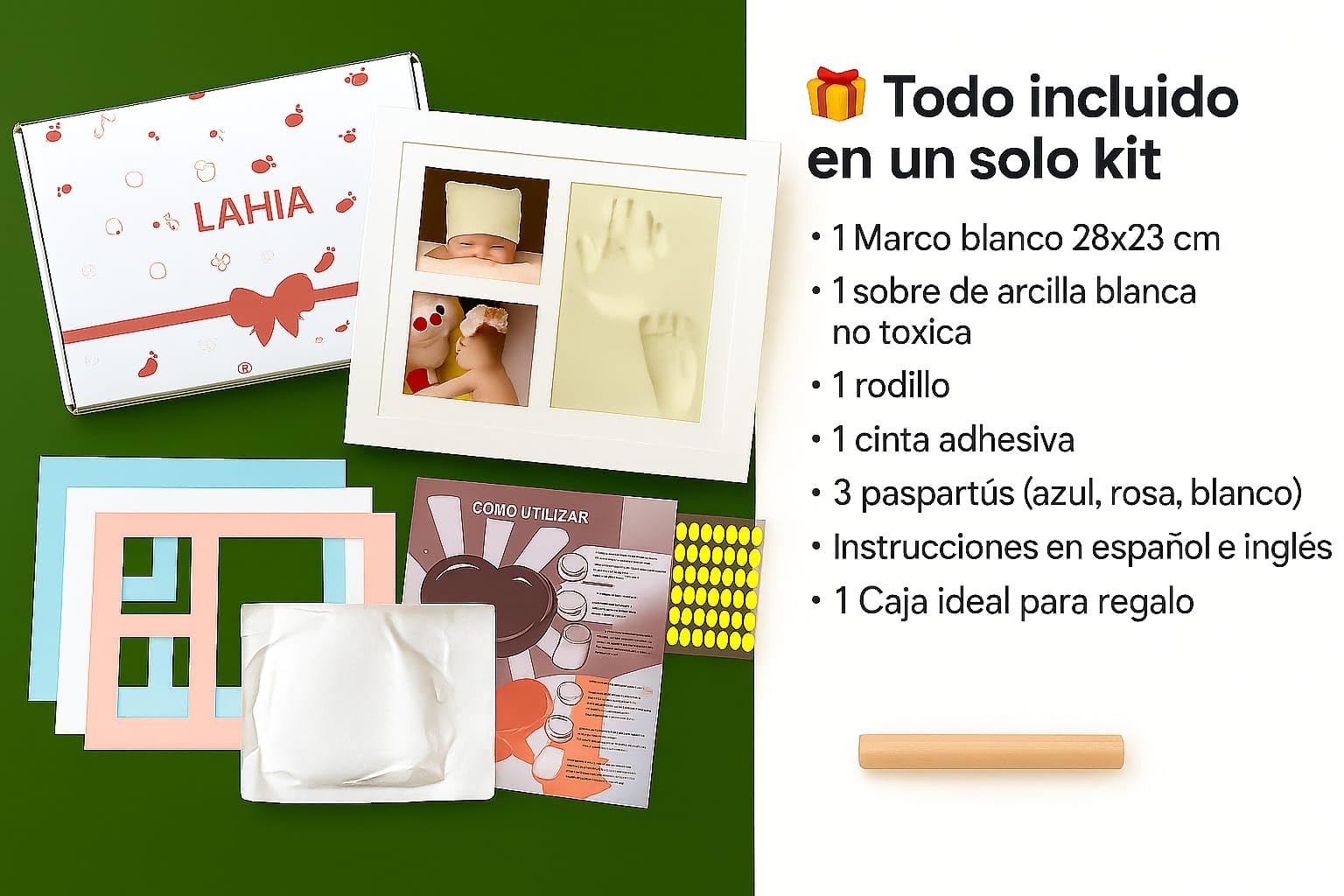 Lahia Marco de arcilla para huellas bebe recien nacido con espacio para fotos, kit completo para crear huella bebe, recuerdo personalizado y elegante, regalo ideal para baby shower y nuevos padres