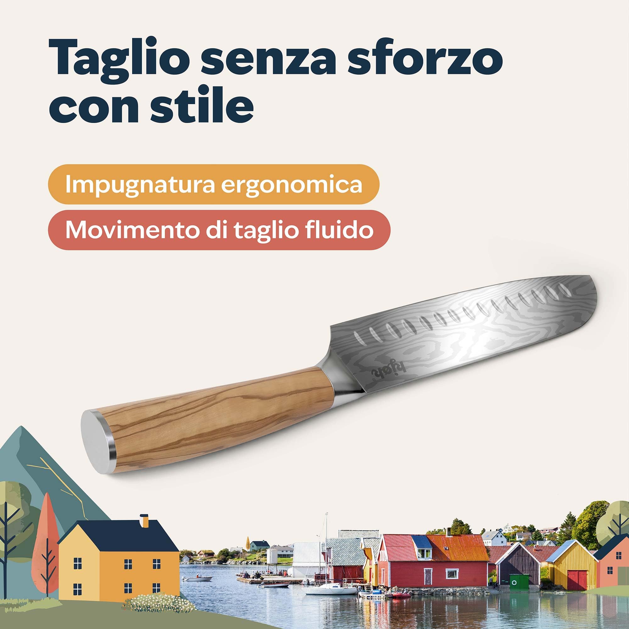 Coltello Santoku Chef 17cm – Acciaio Inox 5Cr15Mov – Lama Affilata Con Cava – Manico In Legno – Taglio Di Carne, Pesce, Verdure