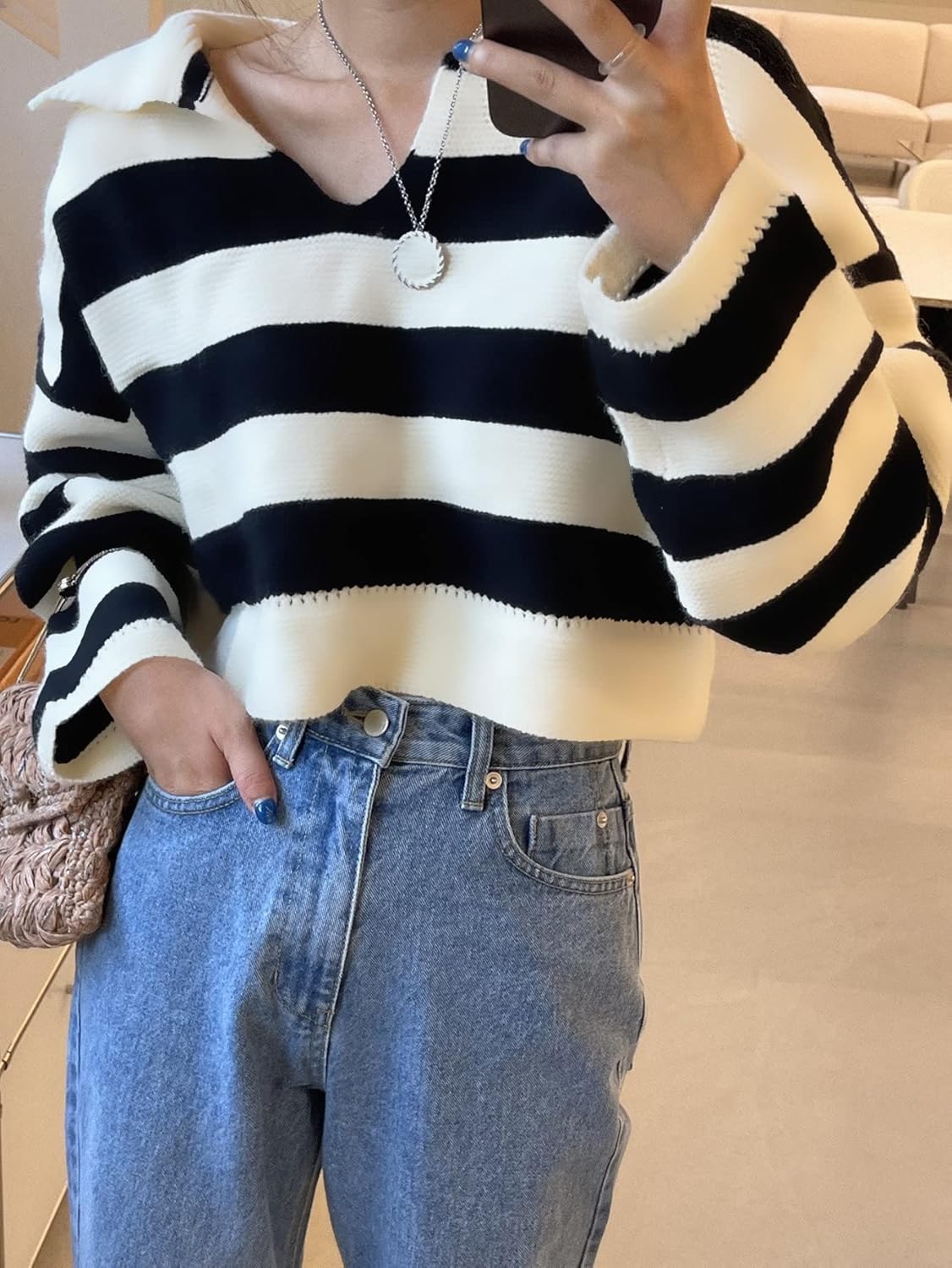 BEDAW Women's Sweater Stripe Pattern Drop Shoulder Crop Sweater Sweater for Women (Size : X-Large)