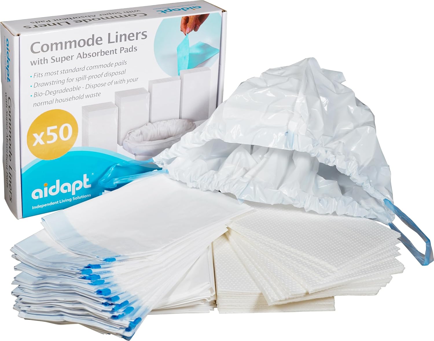 Aidapt Commode Liners with Absorbent Pads,Box of 50 Flat Packed.1000ml Absorbency,Fits Standard