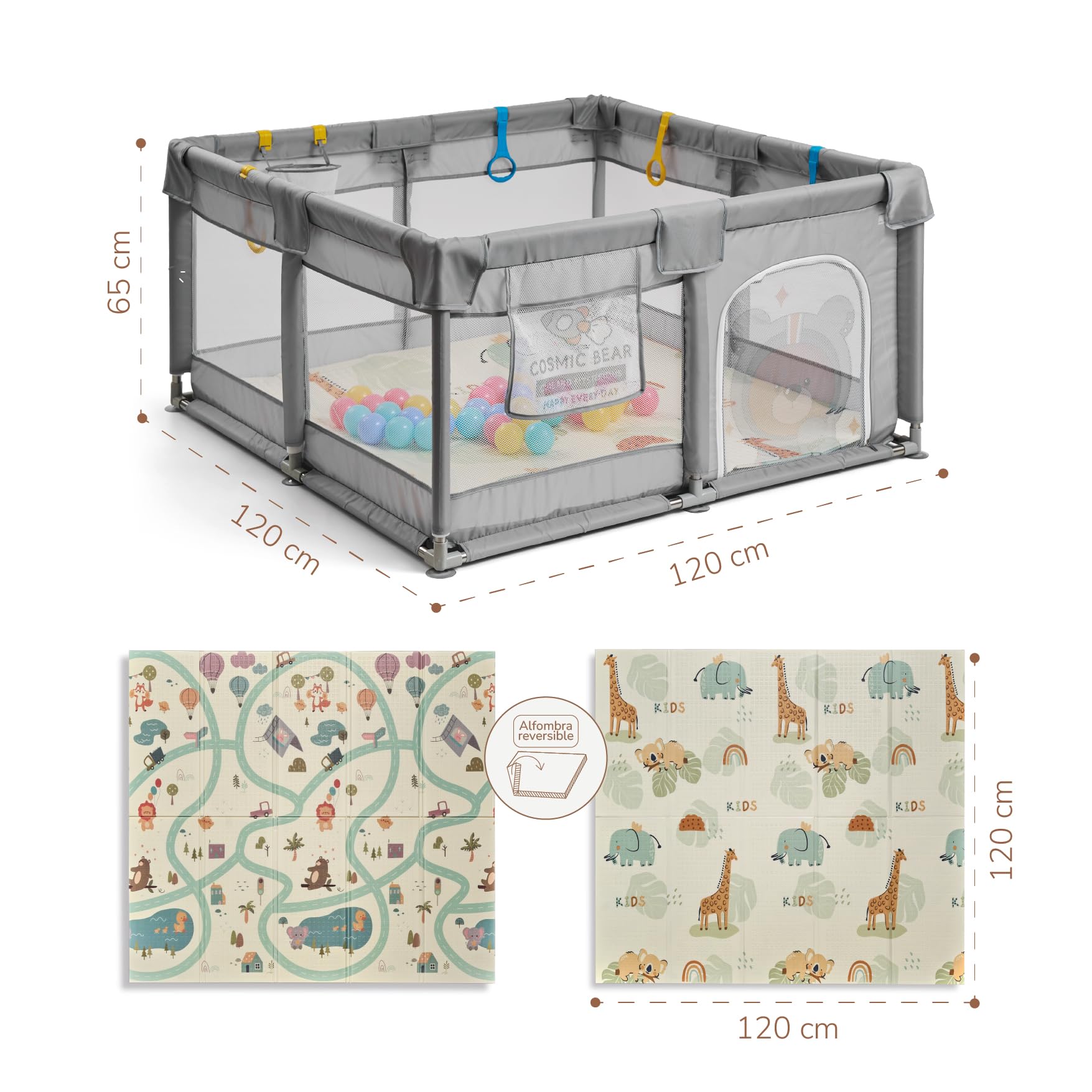 Buddy Baby Park- Parque Infantil Bebe 120x120cm + Alfombra + Agarraderas + Canasta + Bolas – Corralito Bebe con Malla Transpirable – Parque de Juegos Bebe Plegable con Puerta Lateral (Gris)