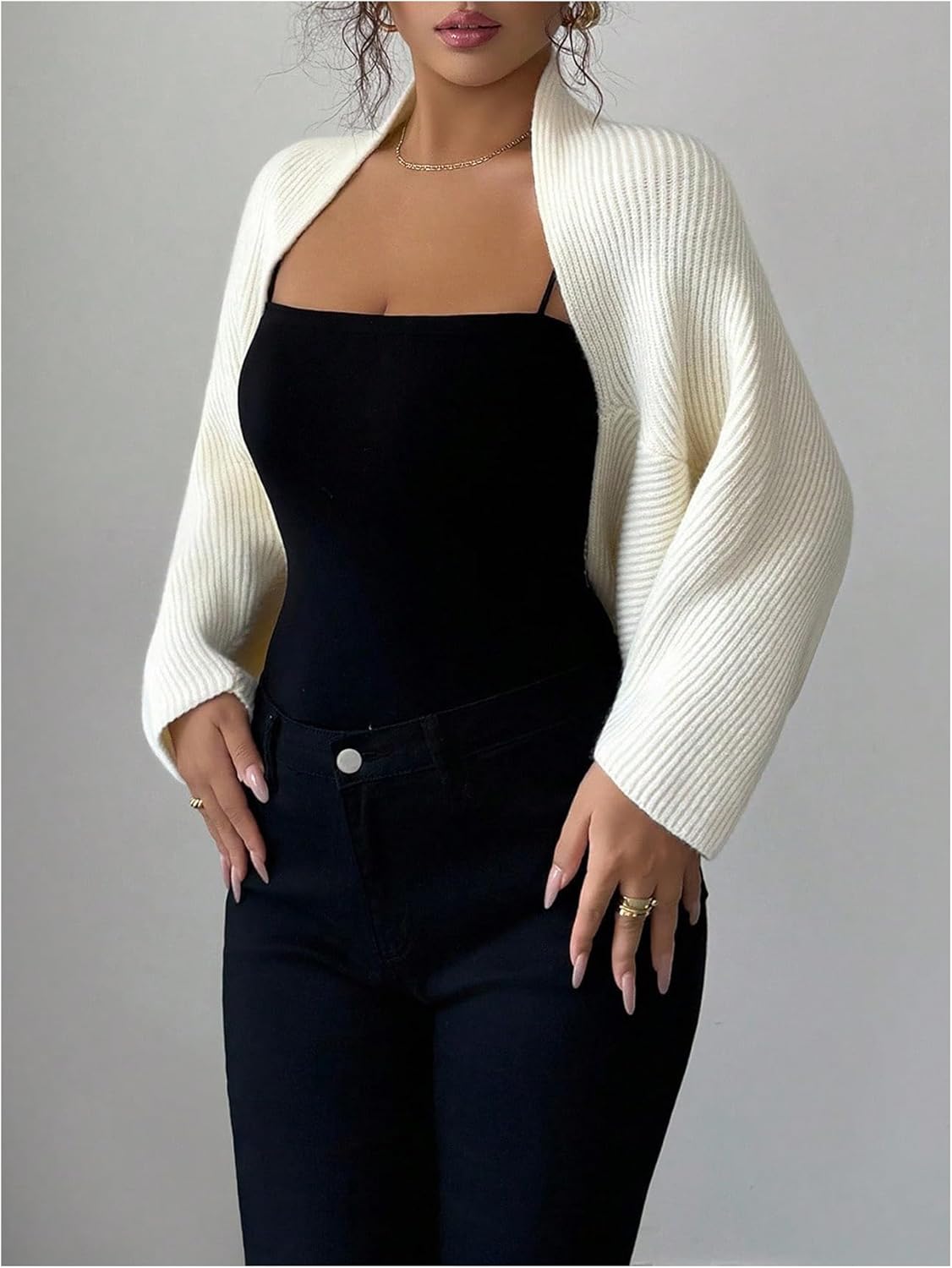 SHENHE Women's Knit Bolero Shrug Open Front Cropped Bat Wing Cardigan Sweater Bolero - Image 5