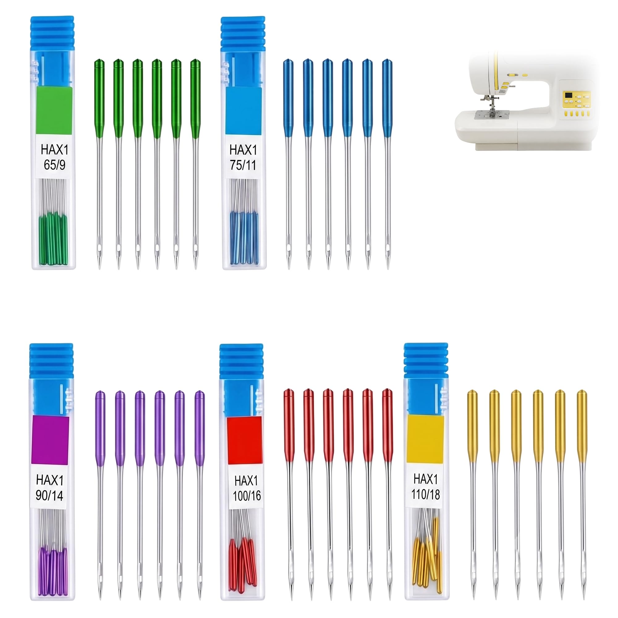 30 Pcs Universal Sewing Machine Needles – Regular Point, 5 Color-Coded Sizes (65/9 75/11 90/14 100/16 110/18), Great for Assorted Fabrics & Home DIY Projects