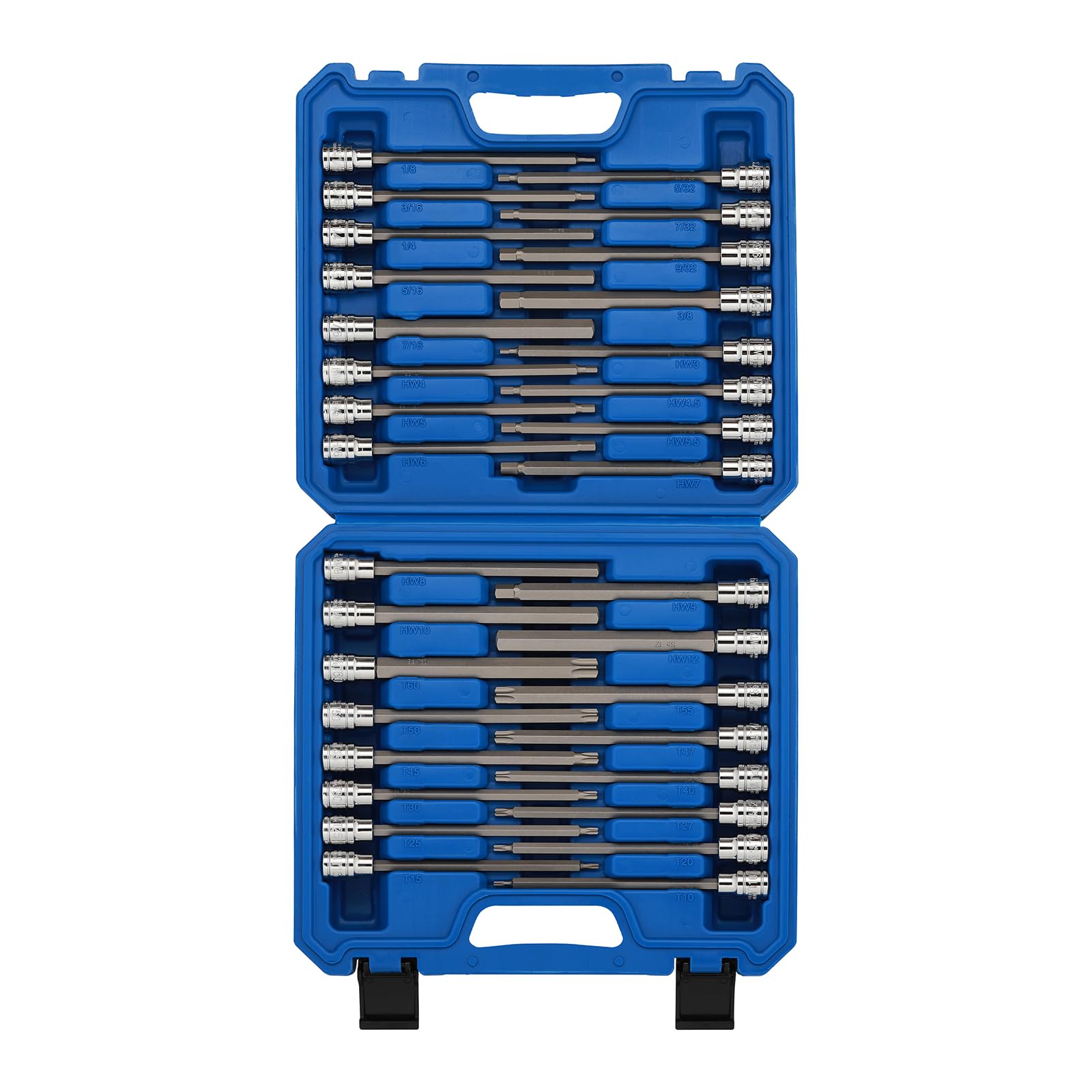 EMENTOL Juego de 32 llaves de vaso hexagonales y Torx extralargas de 3/8 pulgadas, CR-V, acero S2, 5.9 pulgadas de longitud, juego de llaves Allen hexagonales y puntas de estrella, 1/8 pulgadas - 7/16