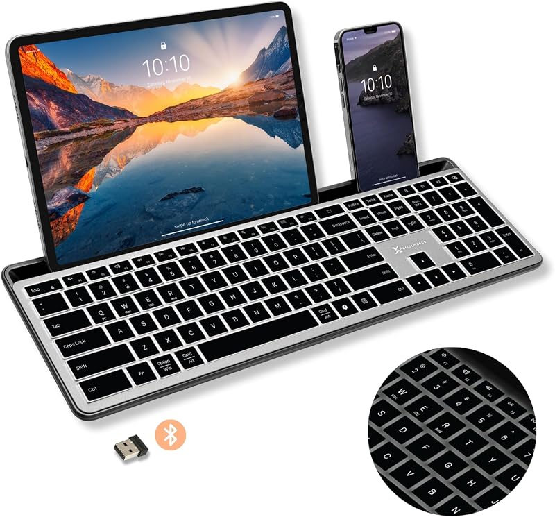 X9 Wireless Keyboard with Phone Holder - Full Size Bluetooth Keyboard with Number Pad, Backlit Wireless Keyboard, Multi-Device for iPad, Tablet, PC, Mac, iPhone, Android - Gray