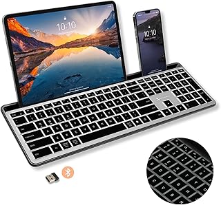 X9 Wireless Keyboard with Phone Holder - Full Size Bluetooth Keyboard with Number Pad, Backlit Wireless Keyboard, Multi-Device for iPad, Tablet, PC, Mac, iPhone, Android - Gray