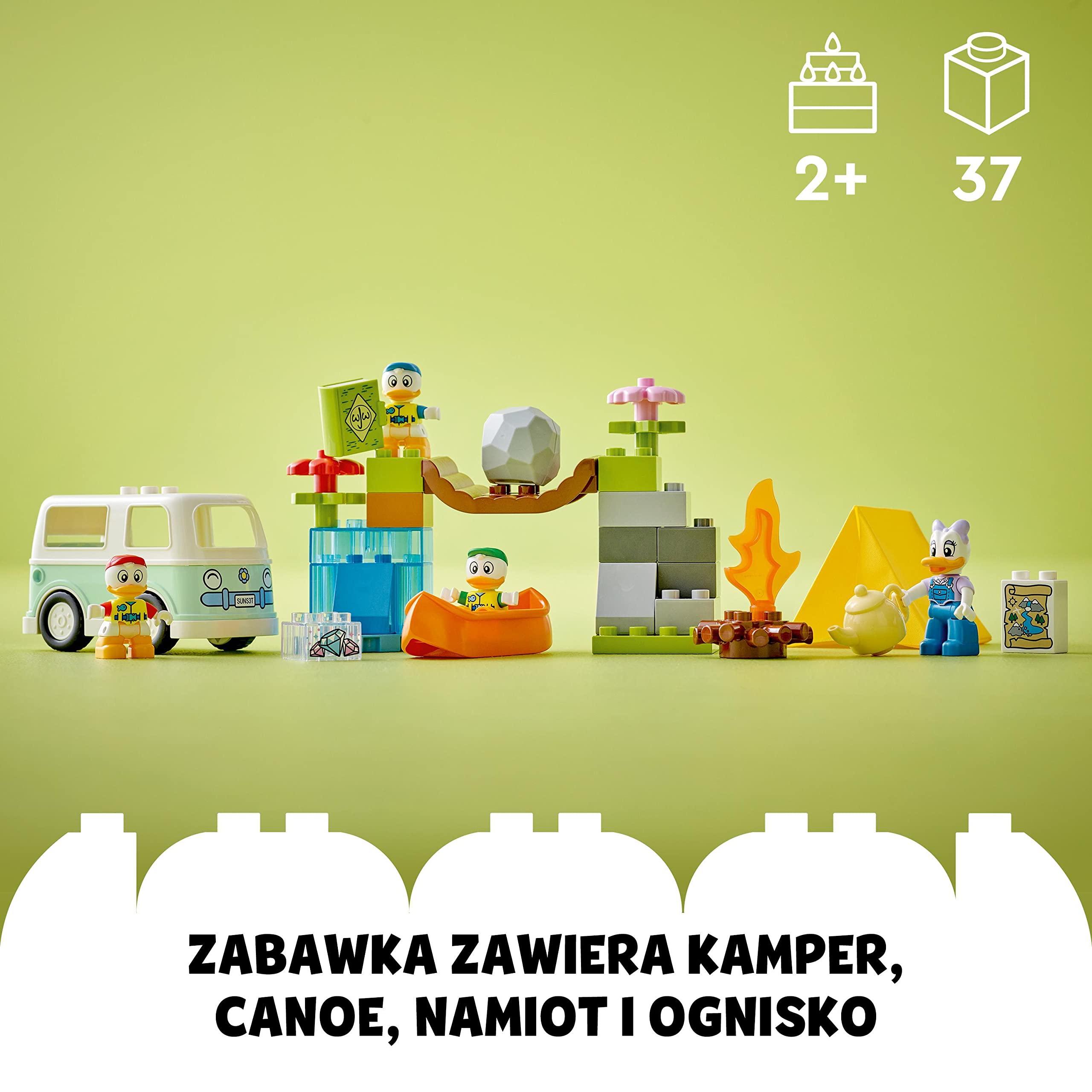 LEGO DUPLO Disney Mickey and Friends Kempingowa przygoda, zabawka dla dziecka z zabawkowym kamperem i figurkami Kaczki Daisy, Hyzia, Dyzia i Zyzia, prezent dla 2-latka, dla chłopca i dziewczynki 10997