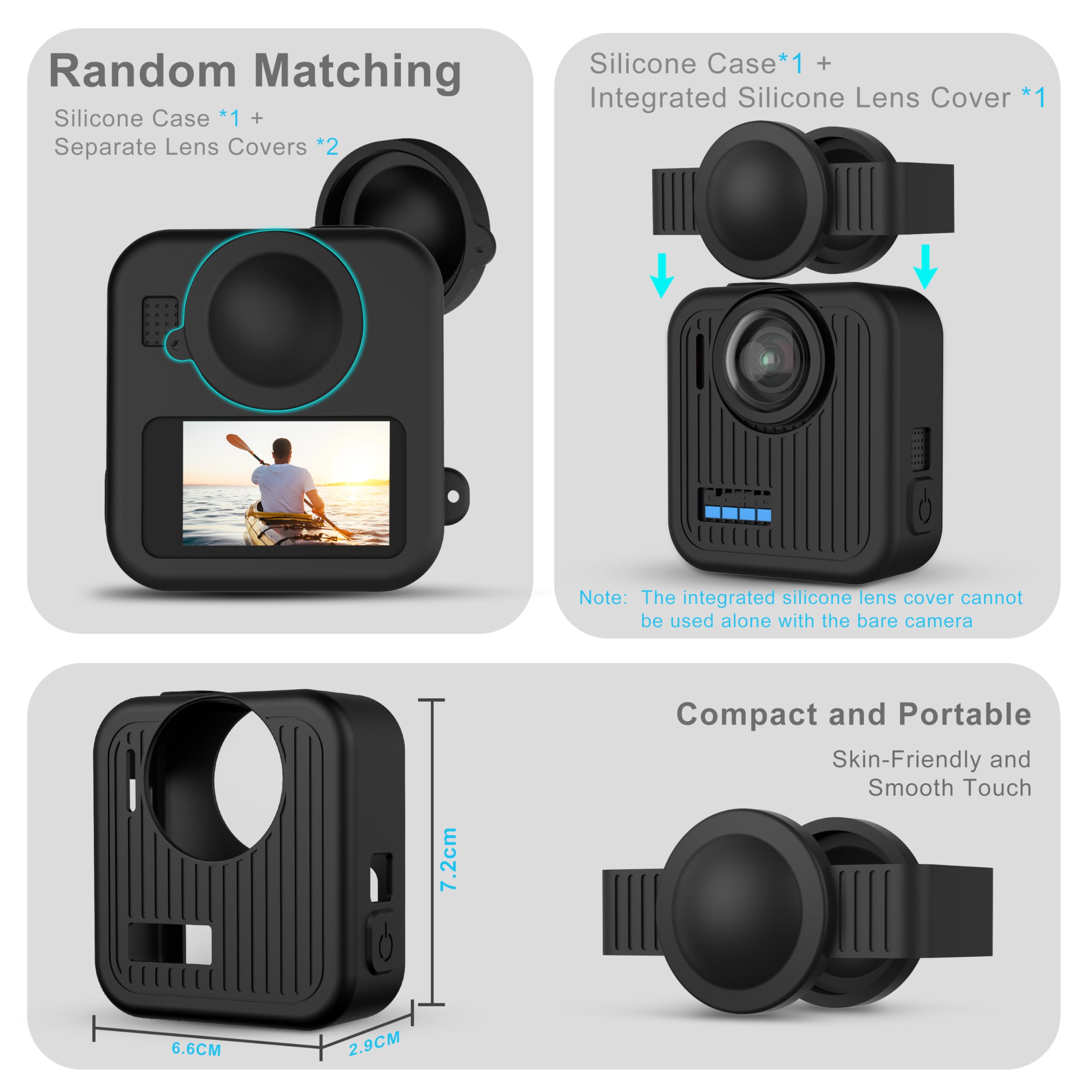 FitStill Le kit de protection en silicone est uniquement compatible avec Gopro Max 2, coque de protection en silicone + film de protection d'écran + couvercle latéral de batterie + couvercle de