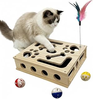 Wooden Cat Nail File Box with Sandpaper & Spring Feather Wand