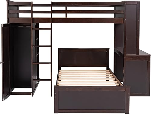 Miniatura 211 de Cama alta funcional tamaño individual con 2 cajones y 2 armarios, base de cama de madera maciza con barandilla de seguridad y escalera de