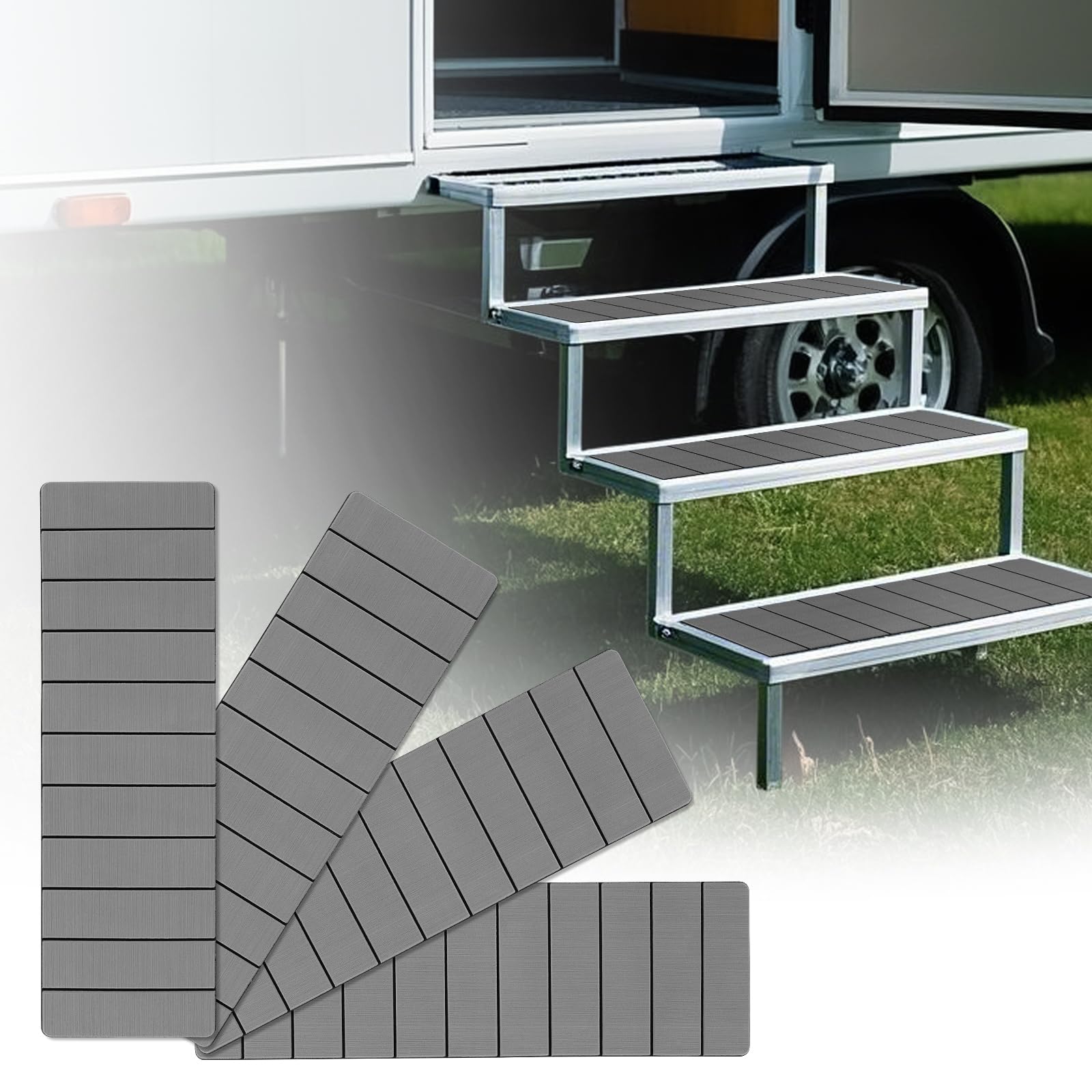 Paquete de 4 Fundas para escalones de Caravana, de Espuma EVA, 61 x 19 cm, Antideslizantes, recortables, Autoadhesivas, para remolques, cámper, RV, Gris Oscuro