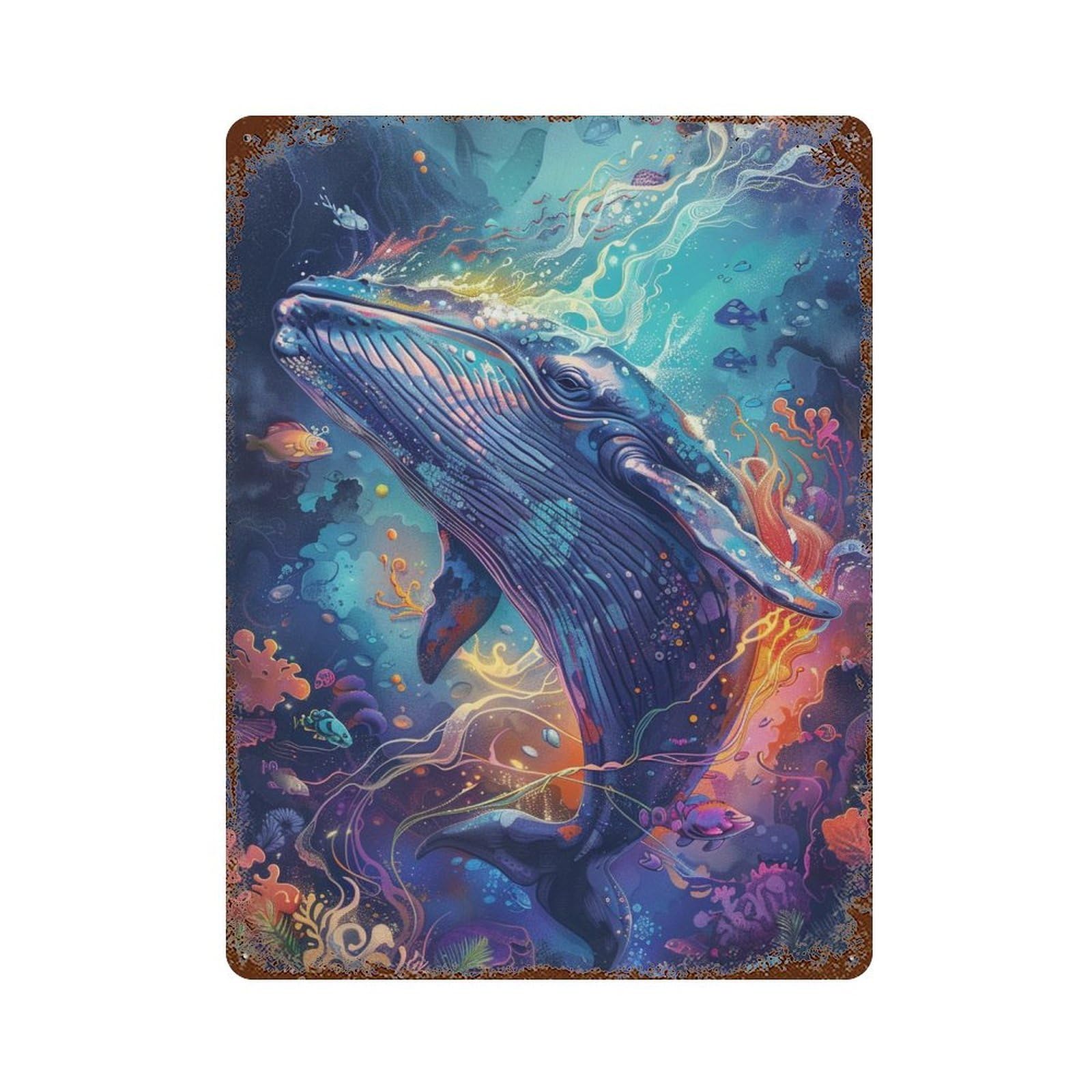 Rustic Tin Plaque Whale Fantasy Underwater Scene 15.7"x11.8", Vintage Wall Decor for Pub, Kitchen And Man Cave Decor