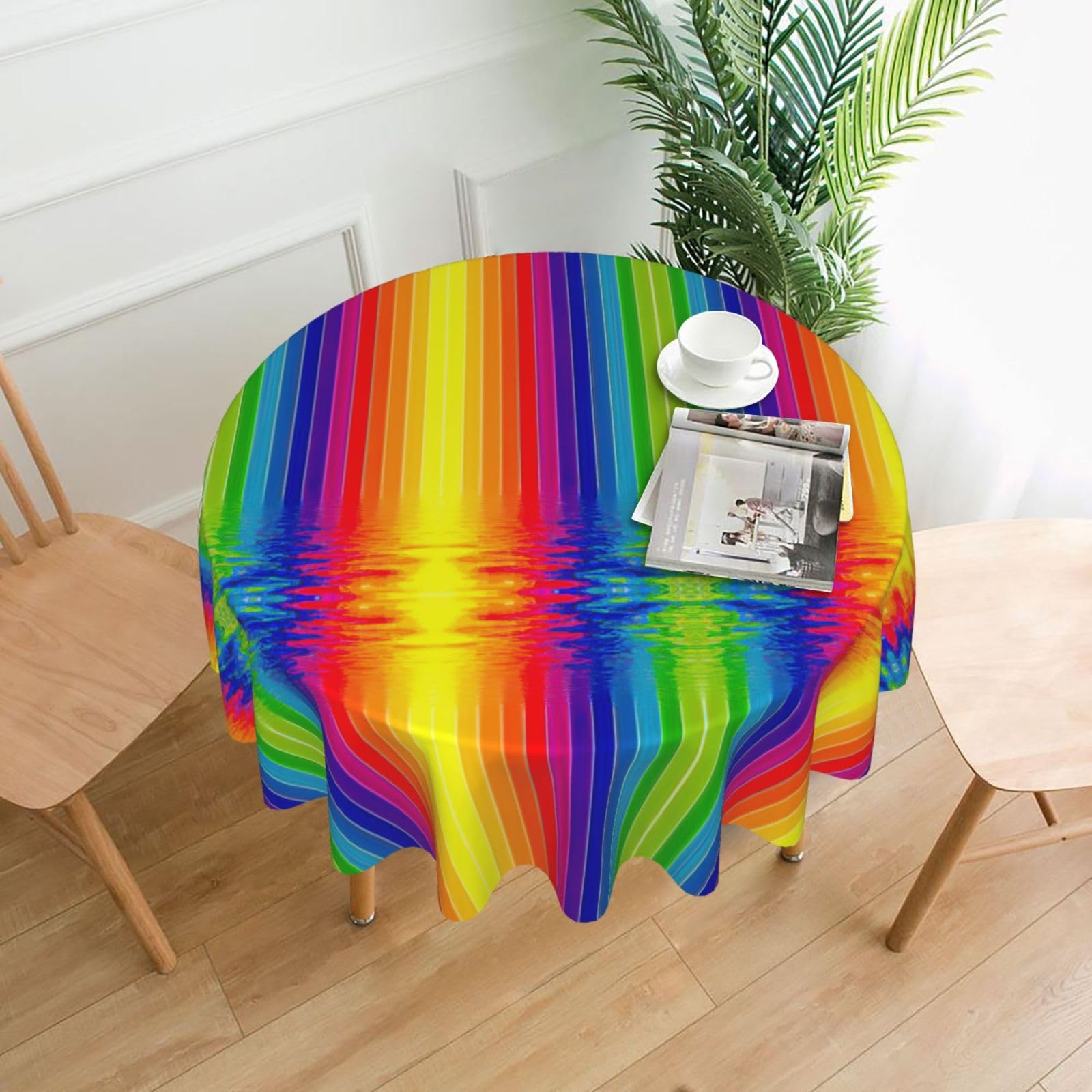 SDEGTHO Rainbow Striped Print Modern Retro Round Tablecloth 60in Polyester Fabric Cover for Party Dining Table Washable