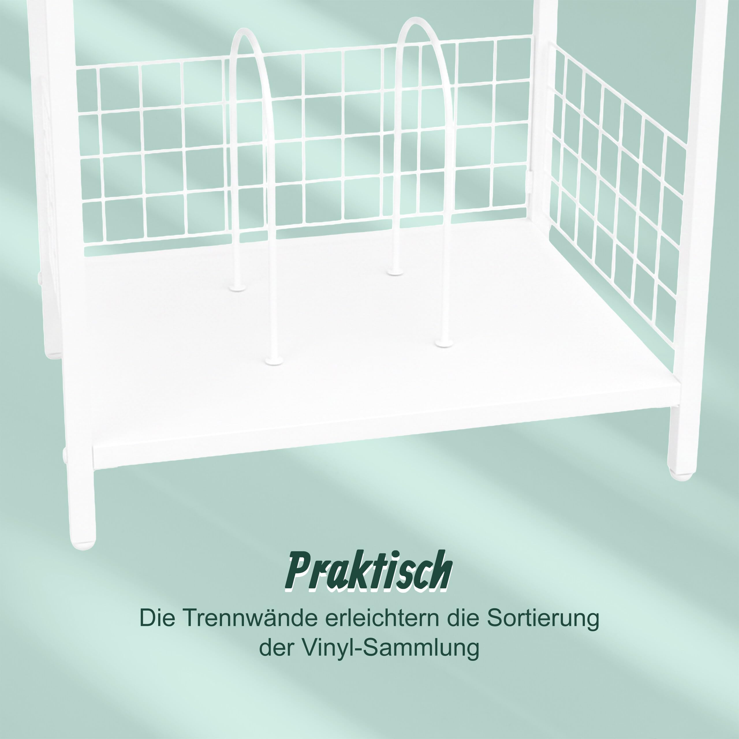 Relaxdays Plattenspieler Tisch, 3 Ebenen, Trennwände, HBT: 65x40x30 cm, Eisen, MDF, Schallplattenspieler Regal, weiß