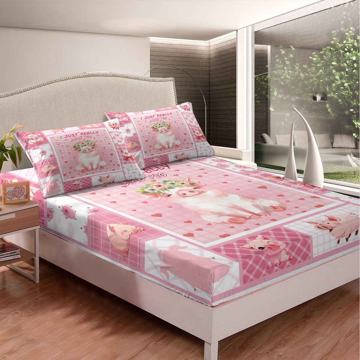 Manfei Cute Pig Kids Fitted Sheet Single Size, Cartoon Animal Theme Bed Cover - Image 2