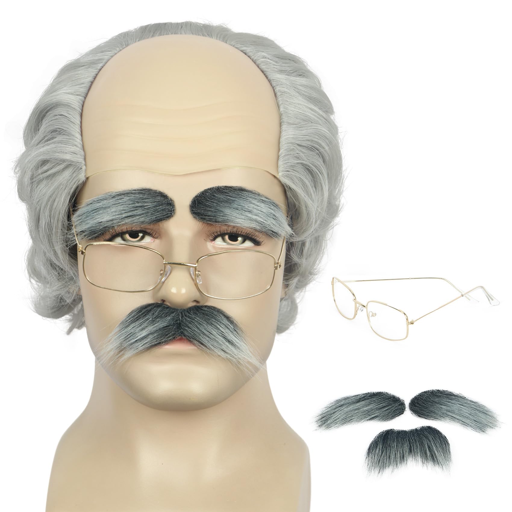 yuehong Short Curly Silver Gray Bald Head Old Men Cosplay Wig Receding Hairline Funny Costume Hair Heat Resistant Synthetic Fibers Soft Breathable Wig