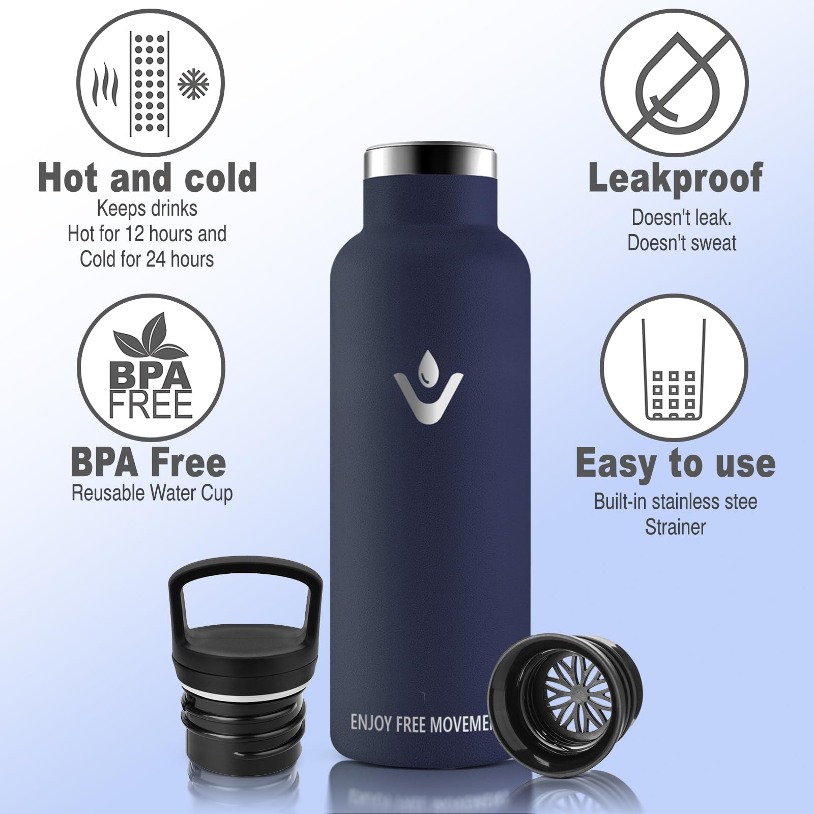 Vikaster Borracce termiche - Borraccia 500ml, Borraccia acciaio inox, Borracce Senza Perdite, Borraccia con Cannuccia, Borraccia Termiche Sportiva, Adulto, Scuola, Outdoor