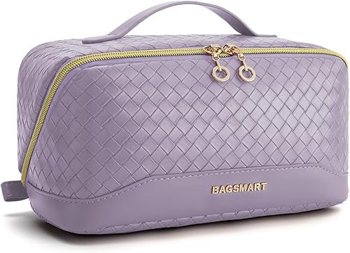 BAGSMART - Bolsa de maquillaje, bolsa de cosméticos, bolsa de maquillaje de viaje, resistente al agua, para mujeres, abierta y plana, bolsa