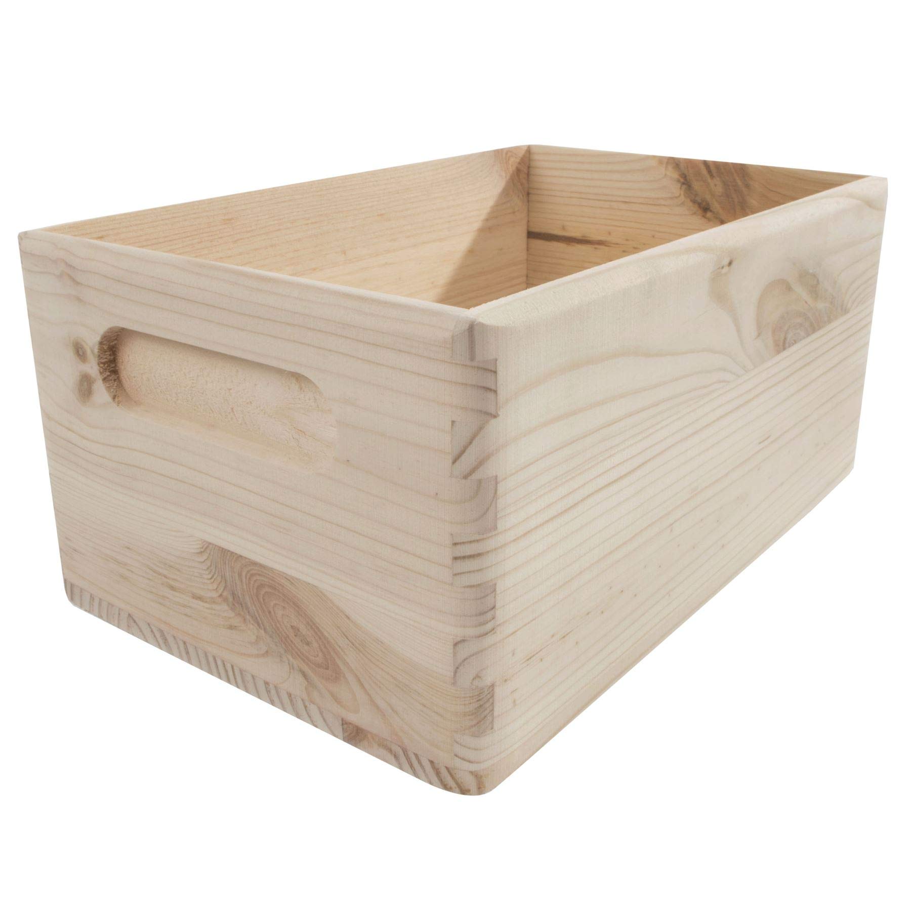 WooDeeDoo Wooden Open Crate Box 25 x 16 x 11 cm with Etched Handles | Rounded Corners | Plain Untreated Decorative Pine for Craft Decoupage