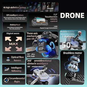Drones with Camera for Adults 4k,7.2 Screen Remote Control,3-Axis Gimbal Stabilization,Auto Return,2 Batteries for 100-Min Max Flight Time,Carbon Fiber (Grey)
