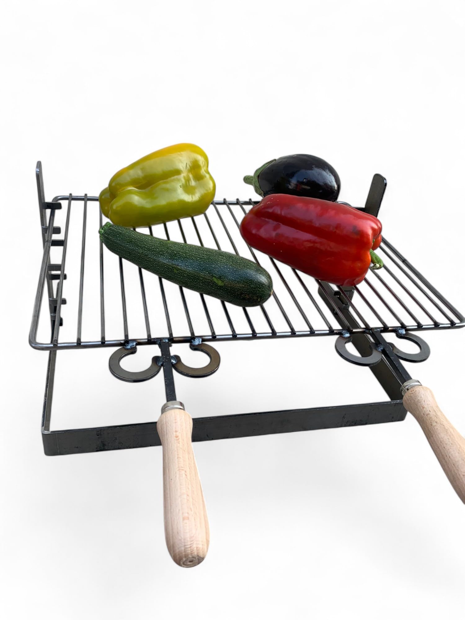 Griglia in ferro regolabile su più altezze, bistecchiera con manici in legno, per barbecue e camino per carne pesce verdure (50x36 cm)