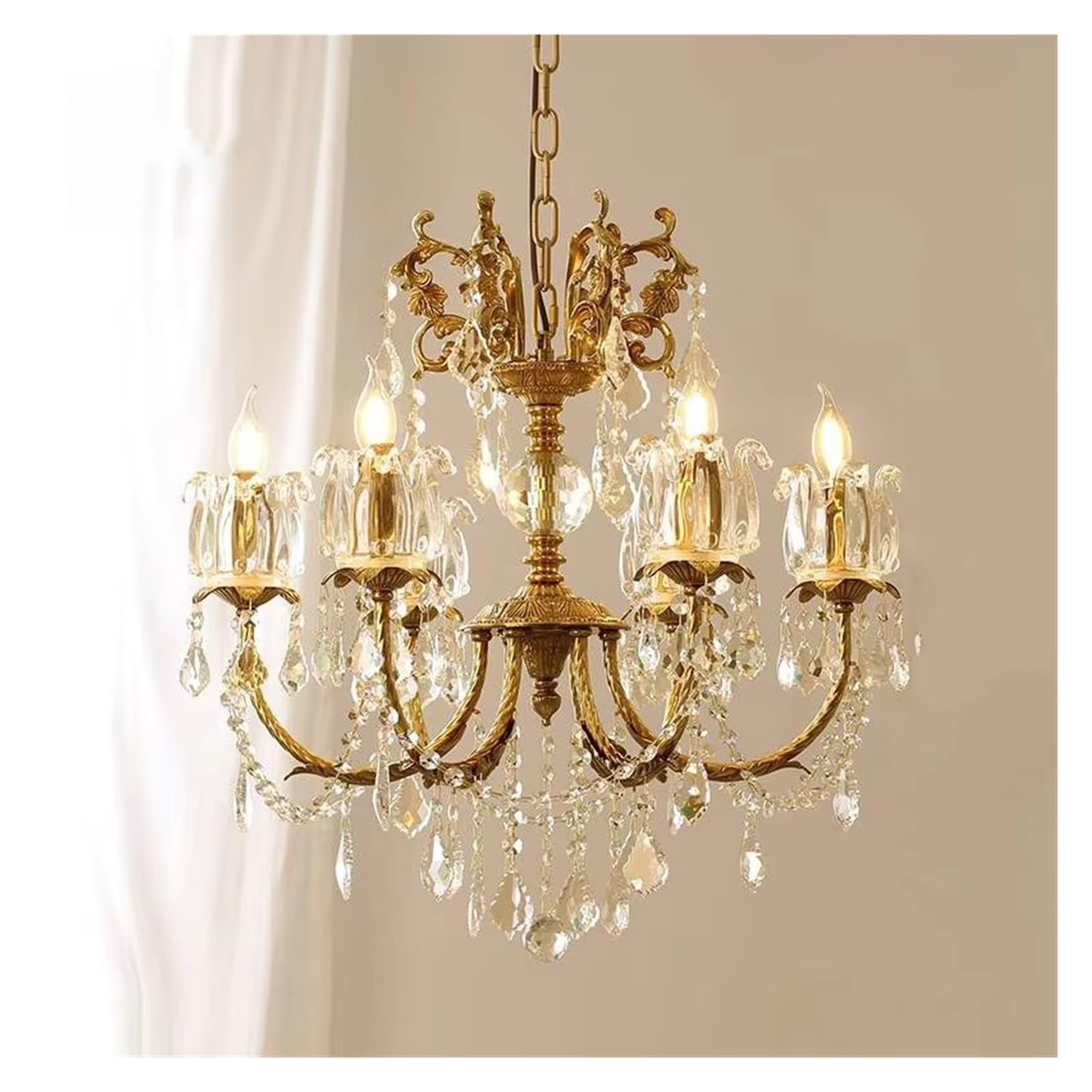 All Copper European Crystal Lamp American Medieval Chandelier French Living Room Villa Classical...
