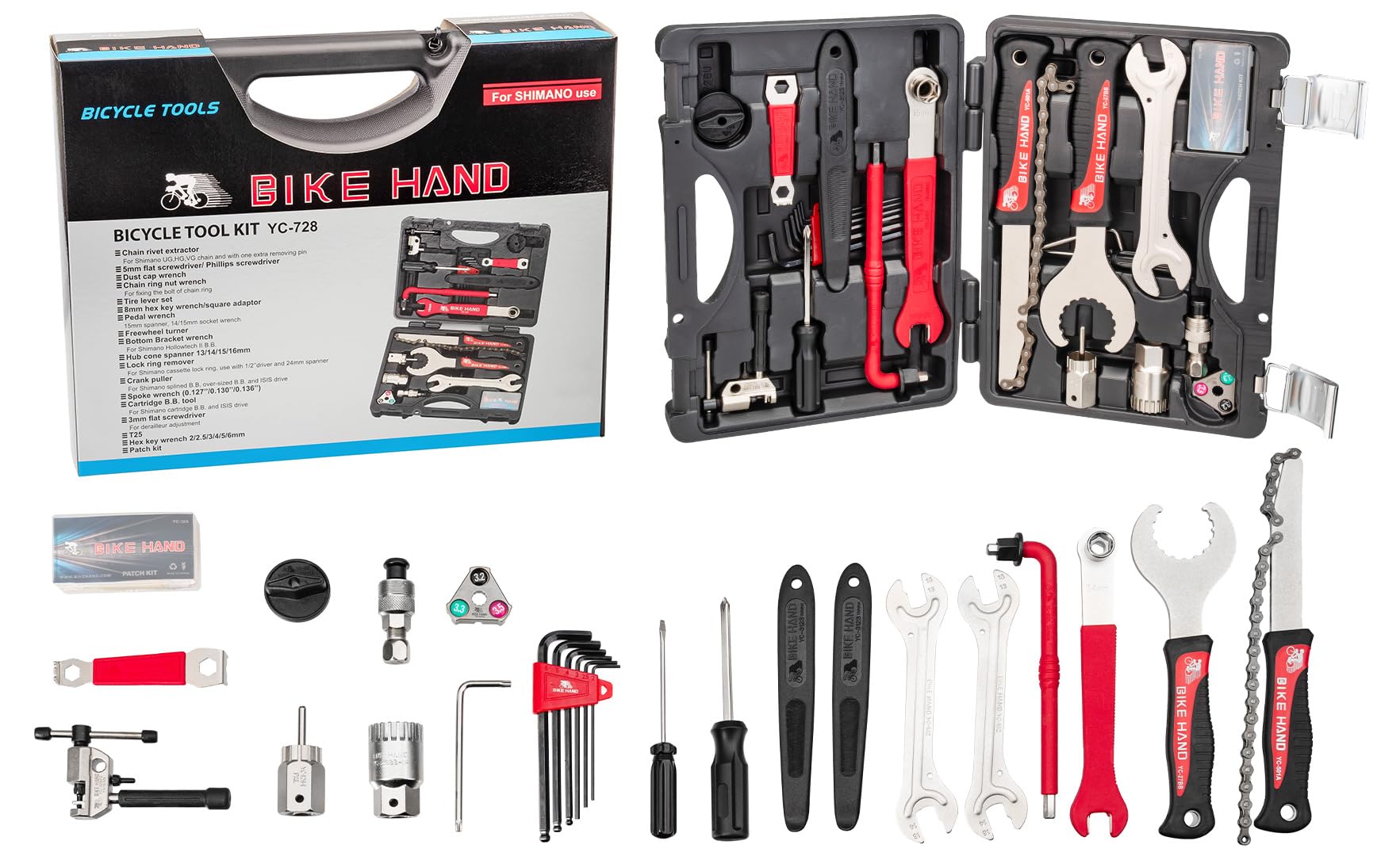 25-TLG. Universeller Fahrrad-Werkzeugsatz für Bremsen, Reifen, Kettenreparatur - Shimano kompatibel