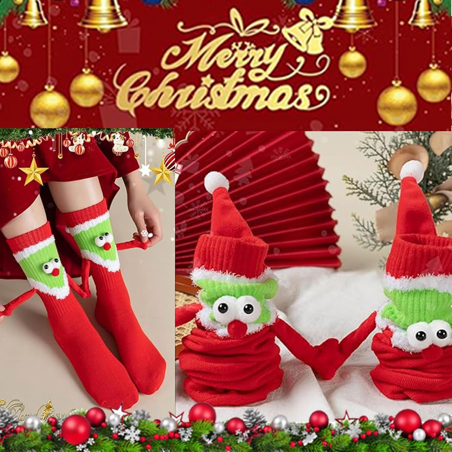 2 Pairs Novelty 3D Hand Holding Socks Christmas Stockings, Funny Holiday Couple Silly Gift - Image 5