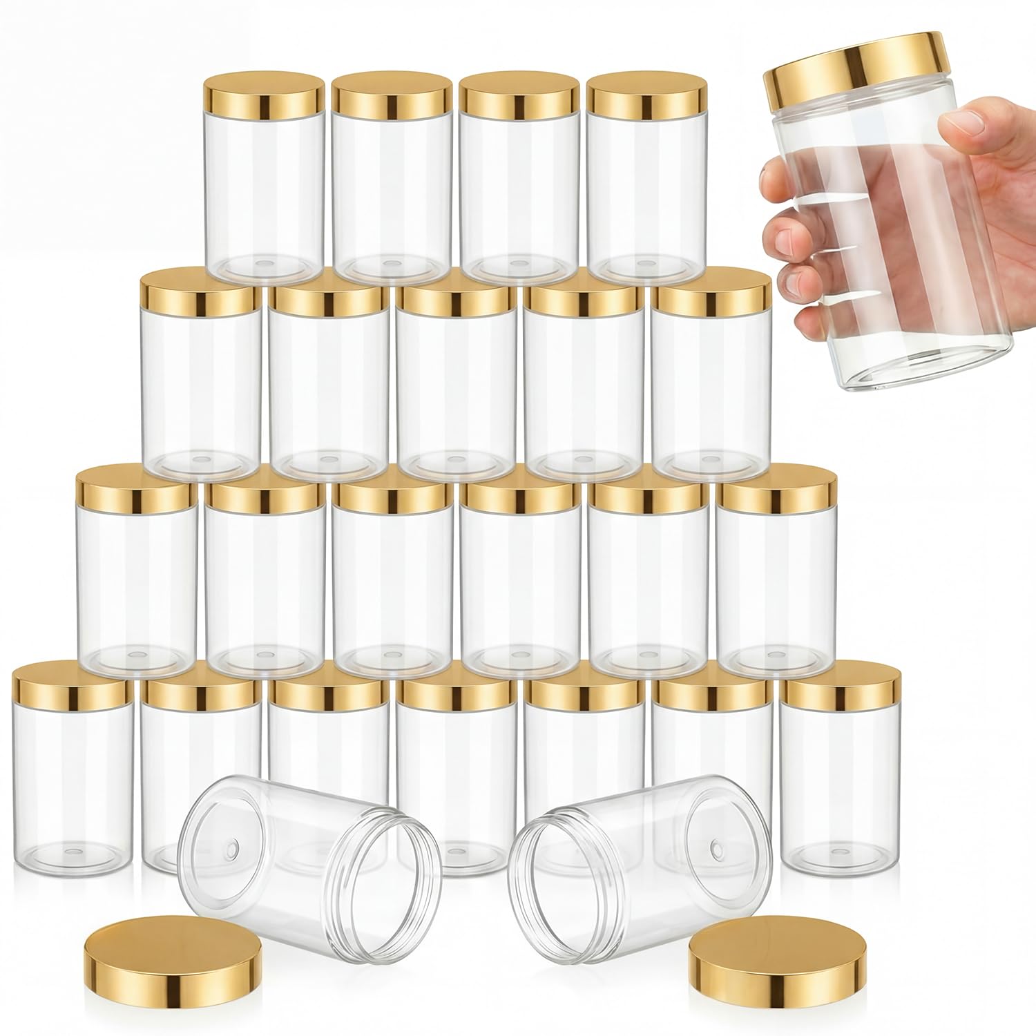 SATINIOR 24 Pieces Clear Plastic Jars with Lids, Gold Lid, 12 oz