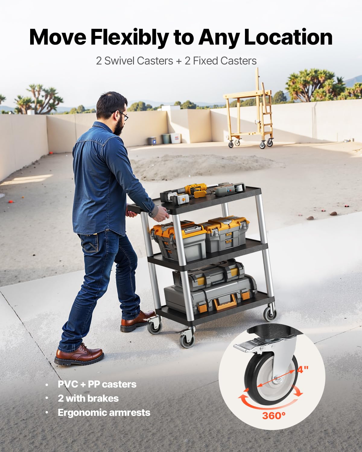 VEVOR Carrello Portaoggetti in Plastica Resistente a Tre Ripiani con Ruote Girevoli a 360° Carrello di Servizio da 700 x 460 mm Capacità di Carico di 136 kg Adatto per Magazzino, Garage, Pulizia