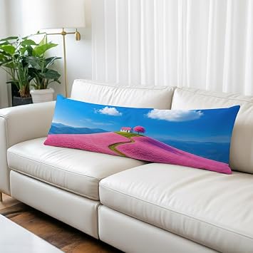 Pink Cottage Throw Pillow Covers, Cherry Blossom Tree Pink Field Path Clouds Decorative Lumbar Throw Pillowcase Cushion Cover with Smooth Hidden Zipper for Bedroom Sofa 20 x 54 Inches