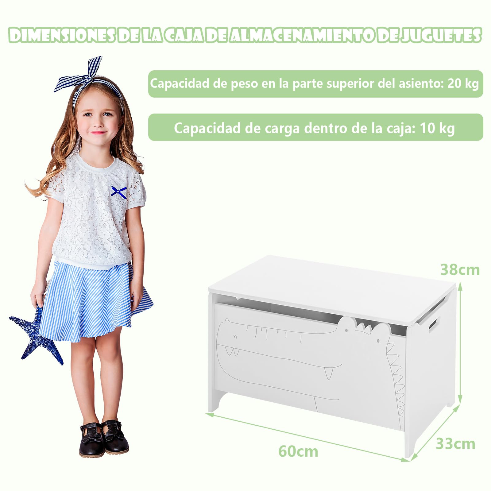 COSTWAY Caja de Almacenamiento de Juguetes de Madera, Cajón Infantil con Bisagra de Seguridad, Caja Infantil con Asas, Organizador de Niños para Dormitorio, Salón y Recibidor 33x60x37,5cm (Blanco)