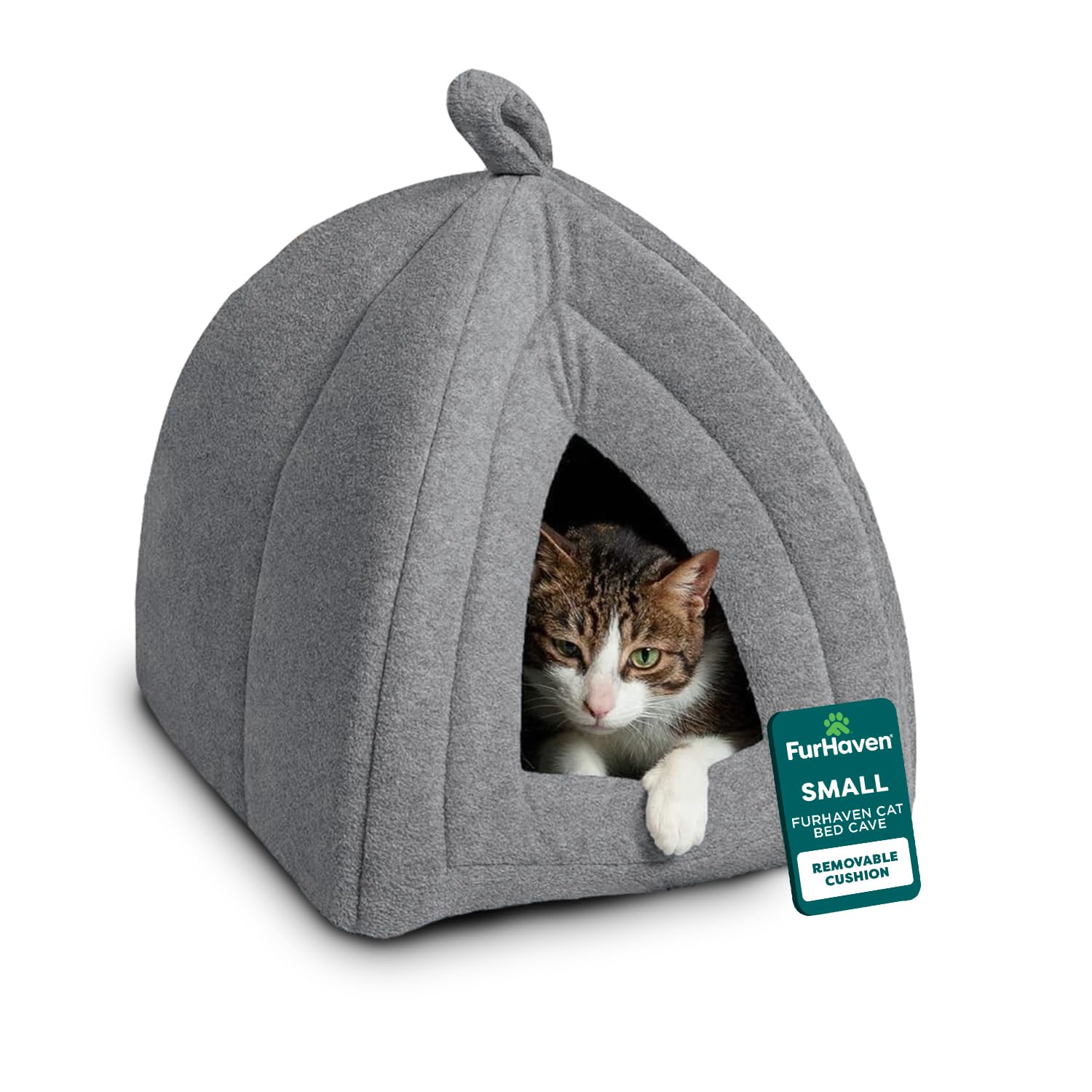 FurHaven Cat Bed Cave for Indoor Cats & Small Dogs, Washable & Foldable Pet Tent with Removable Cushion, Small, Polar Fleece, Heather Gray
