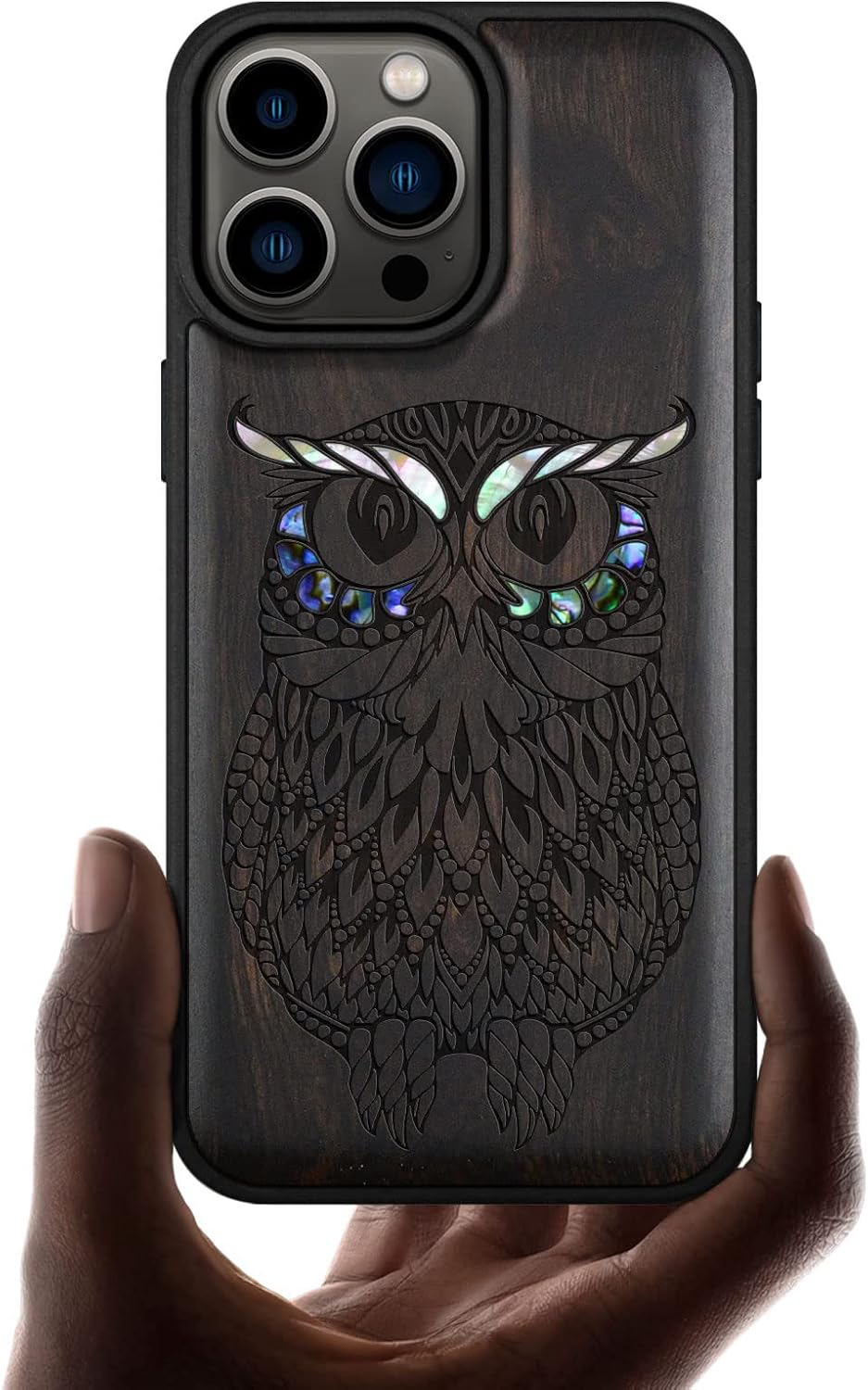 Carveit Designer Wooden Protective Magnetic Case for iPhone 14 Pro Max Case [Wood Engraving & Shell Inlay] Unique Wood Phone Cover Compatible with 14 Pro Max MagSafe 6.7 Inch (Owl-Blackwood)