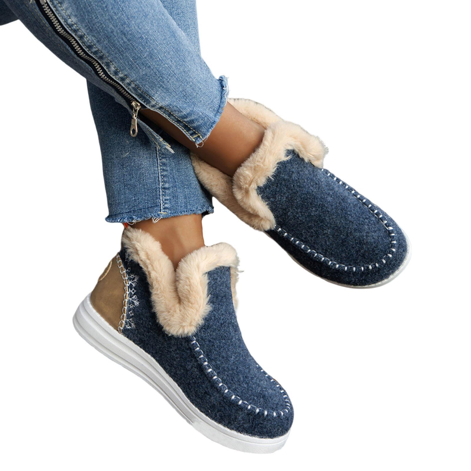 Womens Winter Shoes Fluffy Boots Winter Flat Ankle Snow Boots Warm Faux Fur Lined Anti-Slip Slip on Plush