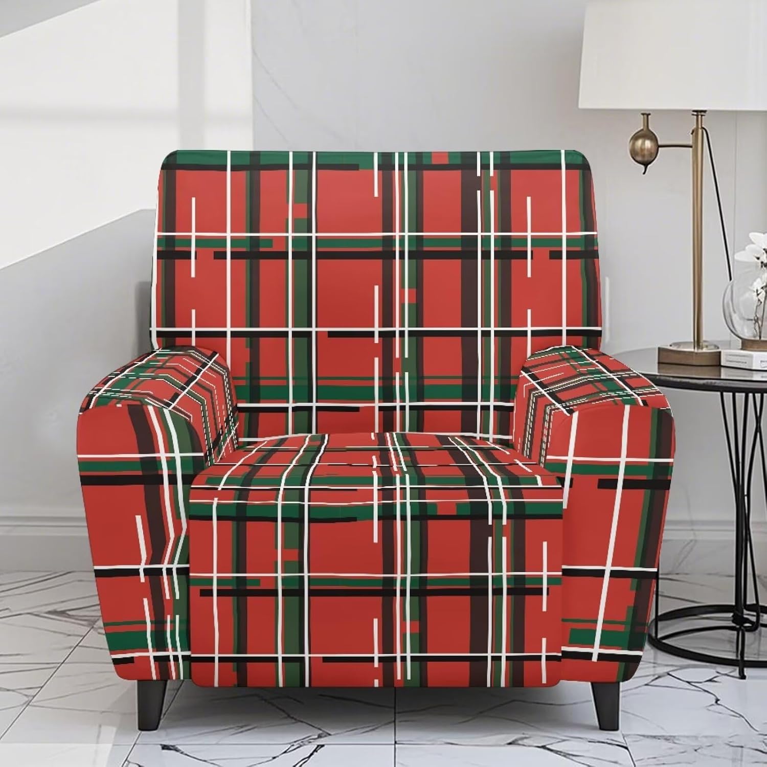 4 Pieces Christmas Plaid Recliner Covers for Recliner Chair Red Green Reclining Chair Cover with Side Pockets Xmas Sofa Slipcover No Slip