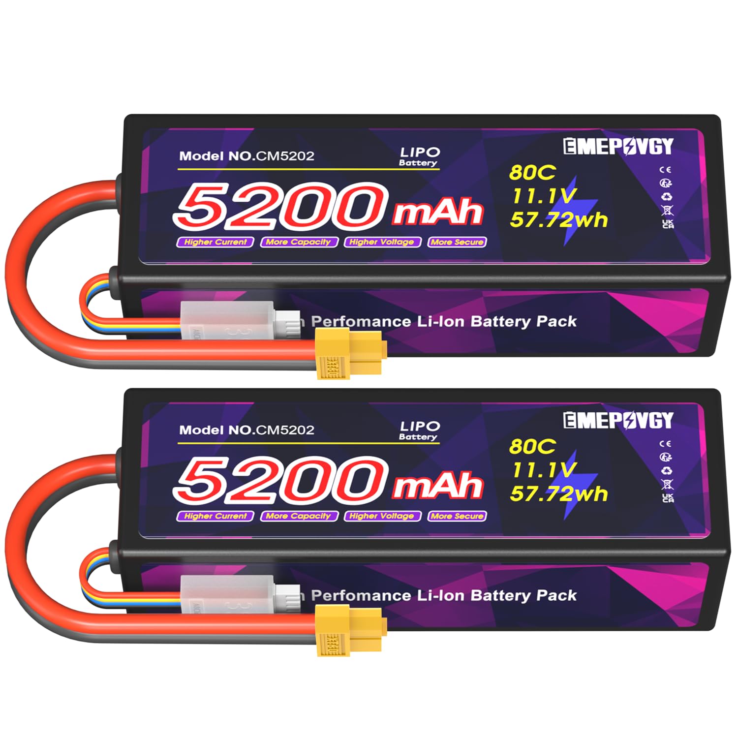 EMEPOVGY 11.1V Lipo Battery 3S 5200mAh 80C Lipos Hard Case with XT60 Connector for RC Car Trucks 1/8 1/10 RC Vehicles(2 Packs)