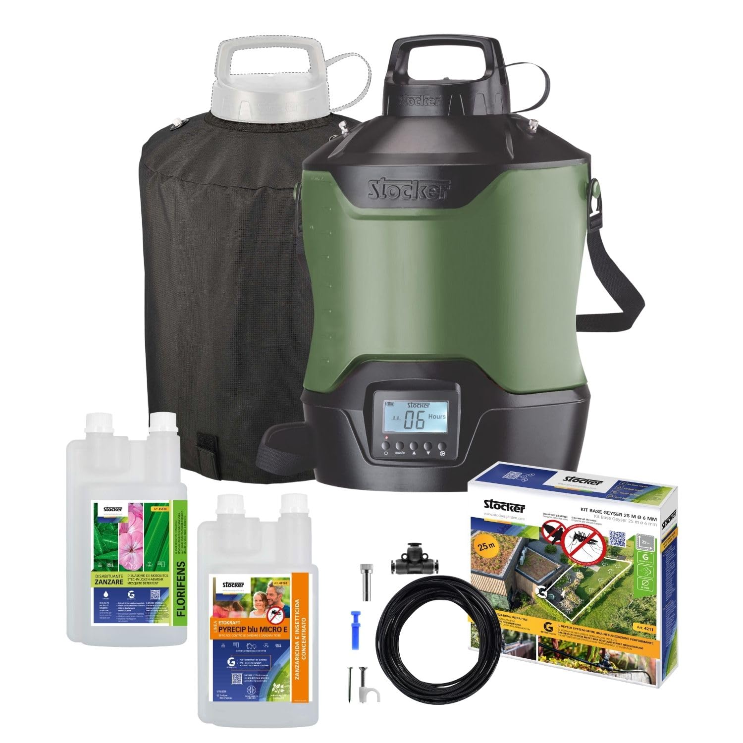 STOCKER – Kit Nebulizzatore Geyser 12L con Timer e Pompa Automatica, Batteria 12V, Copertura di 40 m² estendibile fino a 400 m², Sistema Antizanzare con 1 L Zanzaricida e 1 L Disabituante