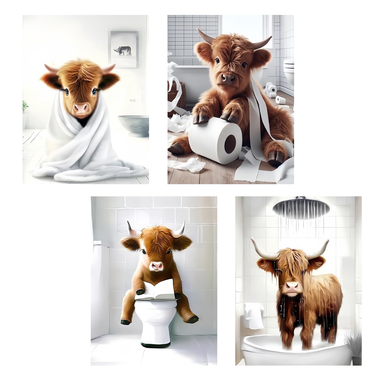 RUGBOL 4 Pcs Funny Highland Cow Bathroom Wall Art, 8x10in Art Prints for Toilet Bathroom Living Room Unframed DIY Decor
