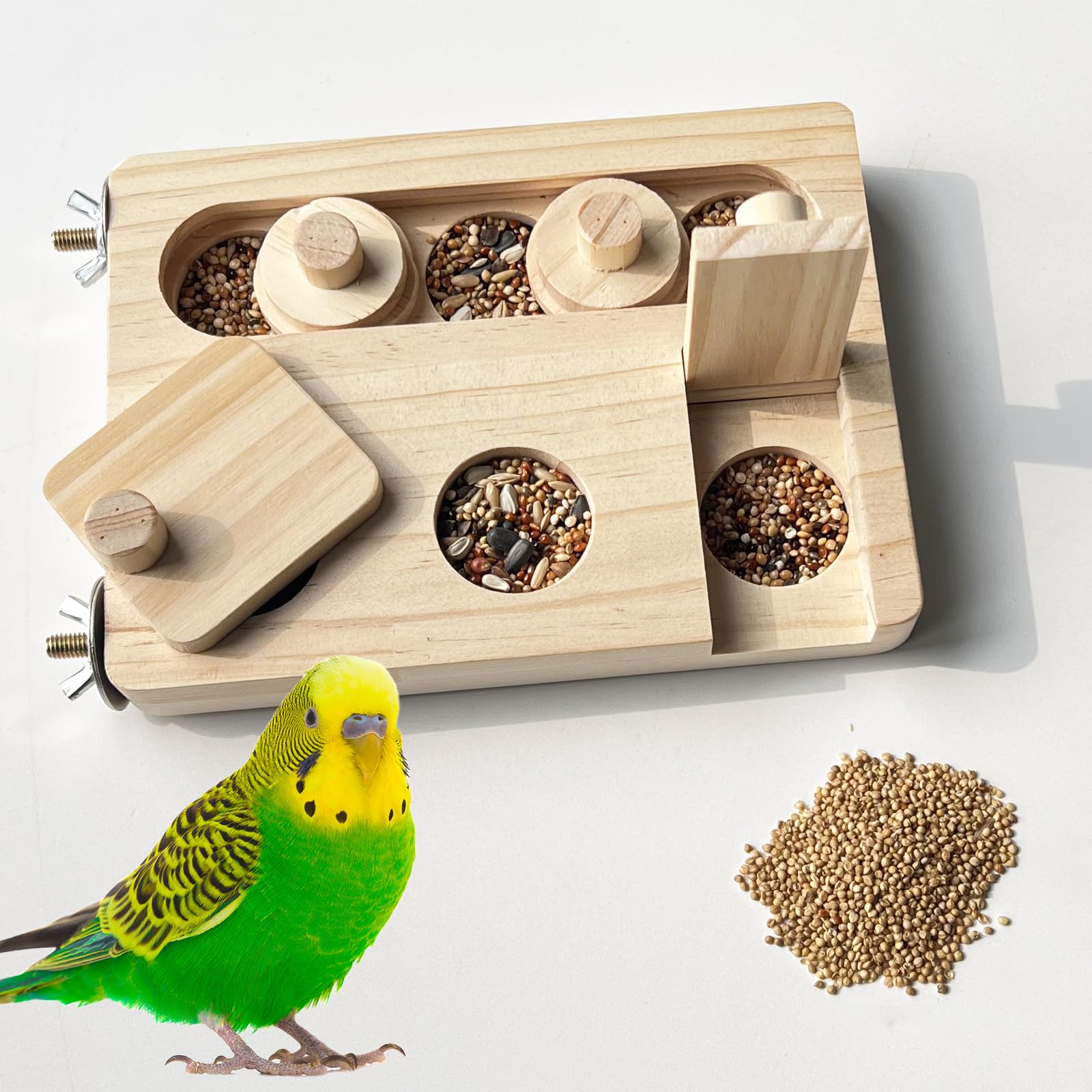 Wooden Bird Foraging Puzzle Toys for Parrots, Parakeet, Cockatiel, Sun Conures, Interactive Mental Enrichment Birds Toy, Bird Seed Slow Feeder Toy for Cage