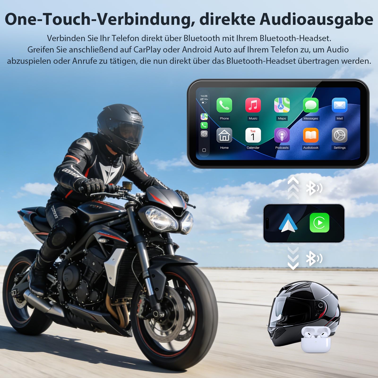 A622 Motorrad CarPlay 6.25 Zoll-Touchscreen-Display, kabelloses CarPlay und Android Auto, IP67 wasserdicht, Reifendruckkontrollsystem (TPMS), Dual-Bluetooth, GPS, USB/Acc-Stromversorgung