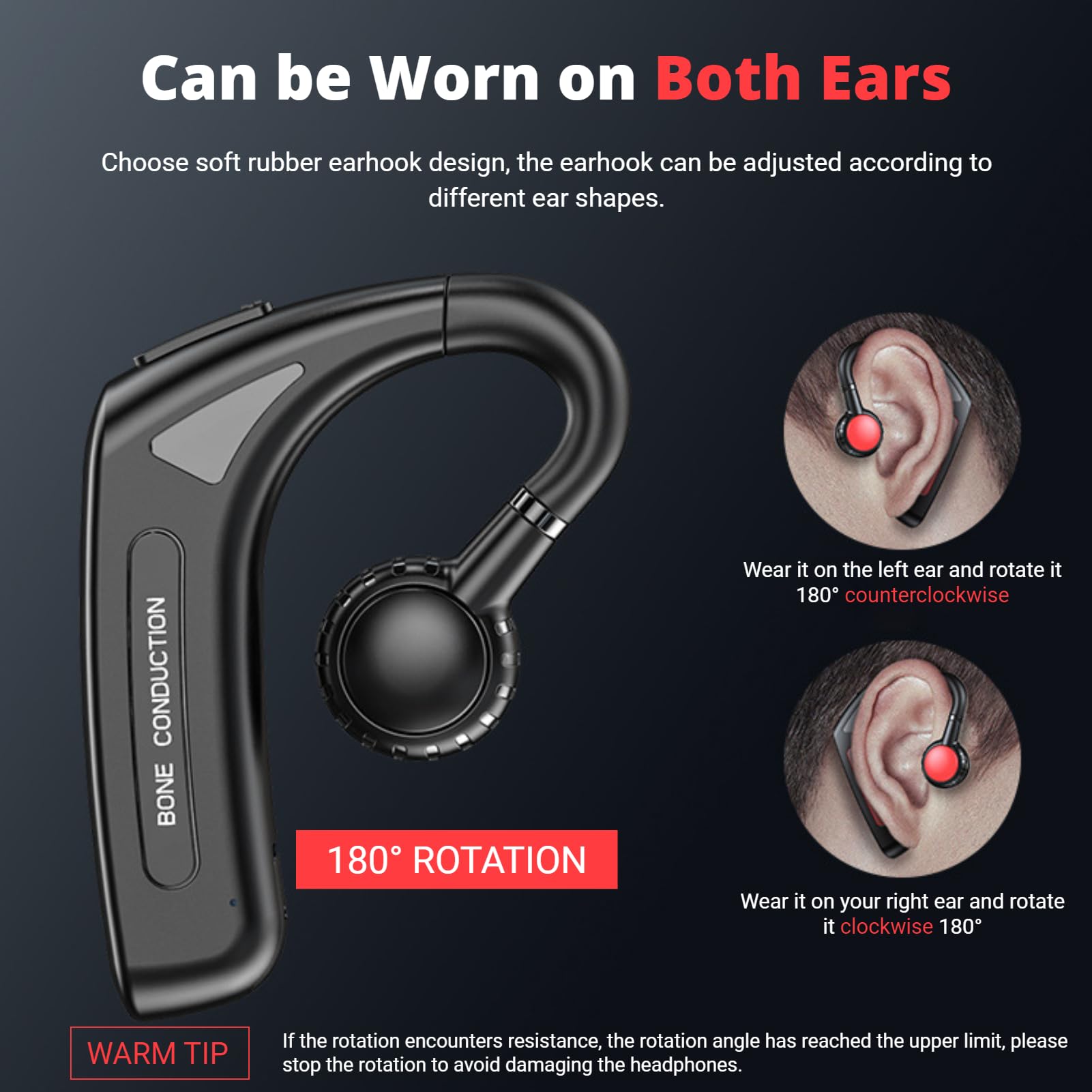 Yunseity Earpiece, Single Ear Noise Cancelling Hands Free Wireless Headset, Bass Stereo Monaural Headset, Ergonomic Design for Both Ears