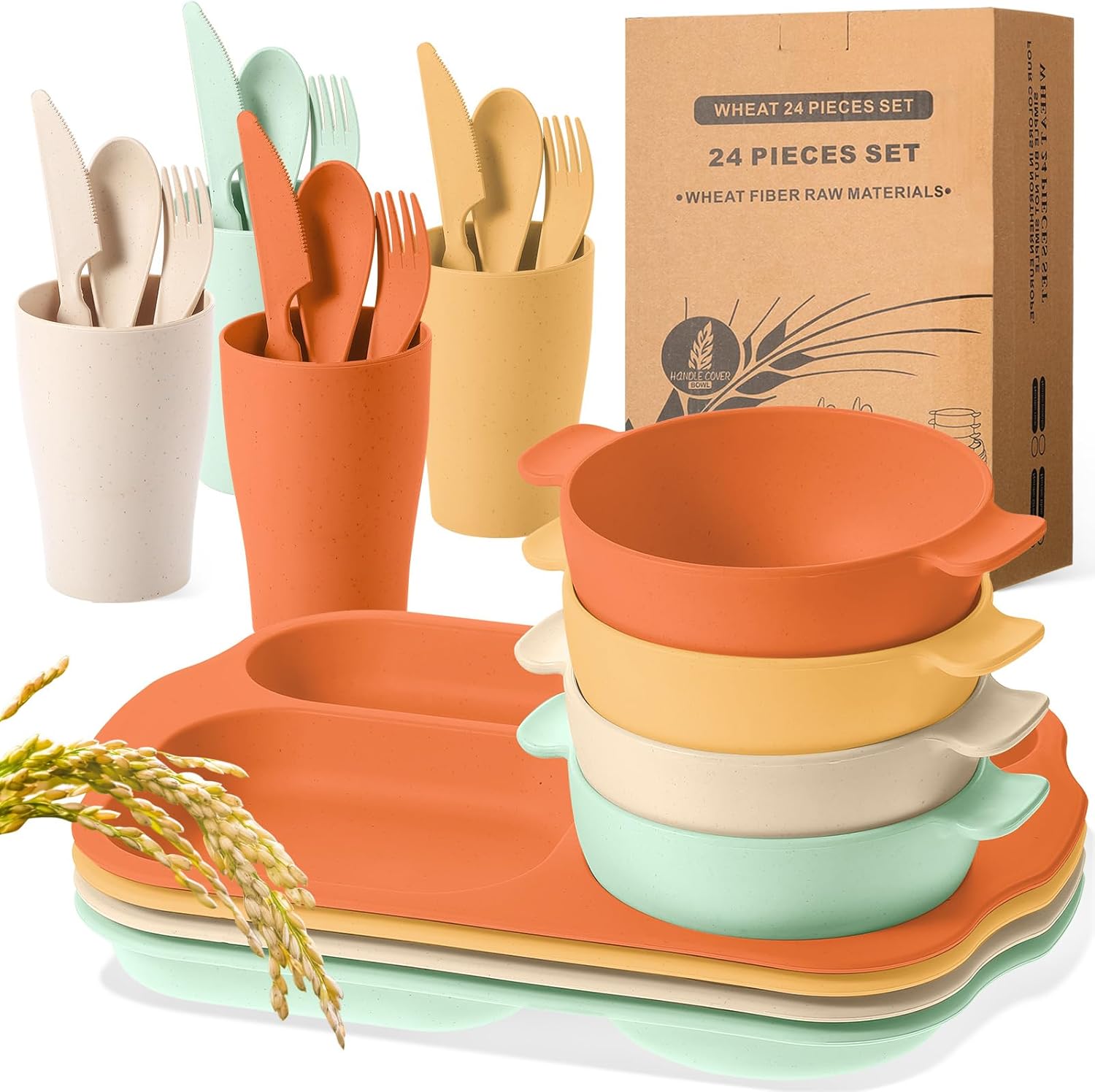 Tanlade 24 Pcs Wheat Straw Dinnerware Cutlery Sets, Divided Plates Unbreakable Bowl Microwave Dishwasher Safe Tableware Cutlery Spoon Knife Fork Cup(Orange, Yellow, Beige, Green)