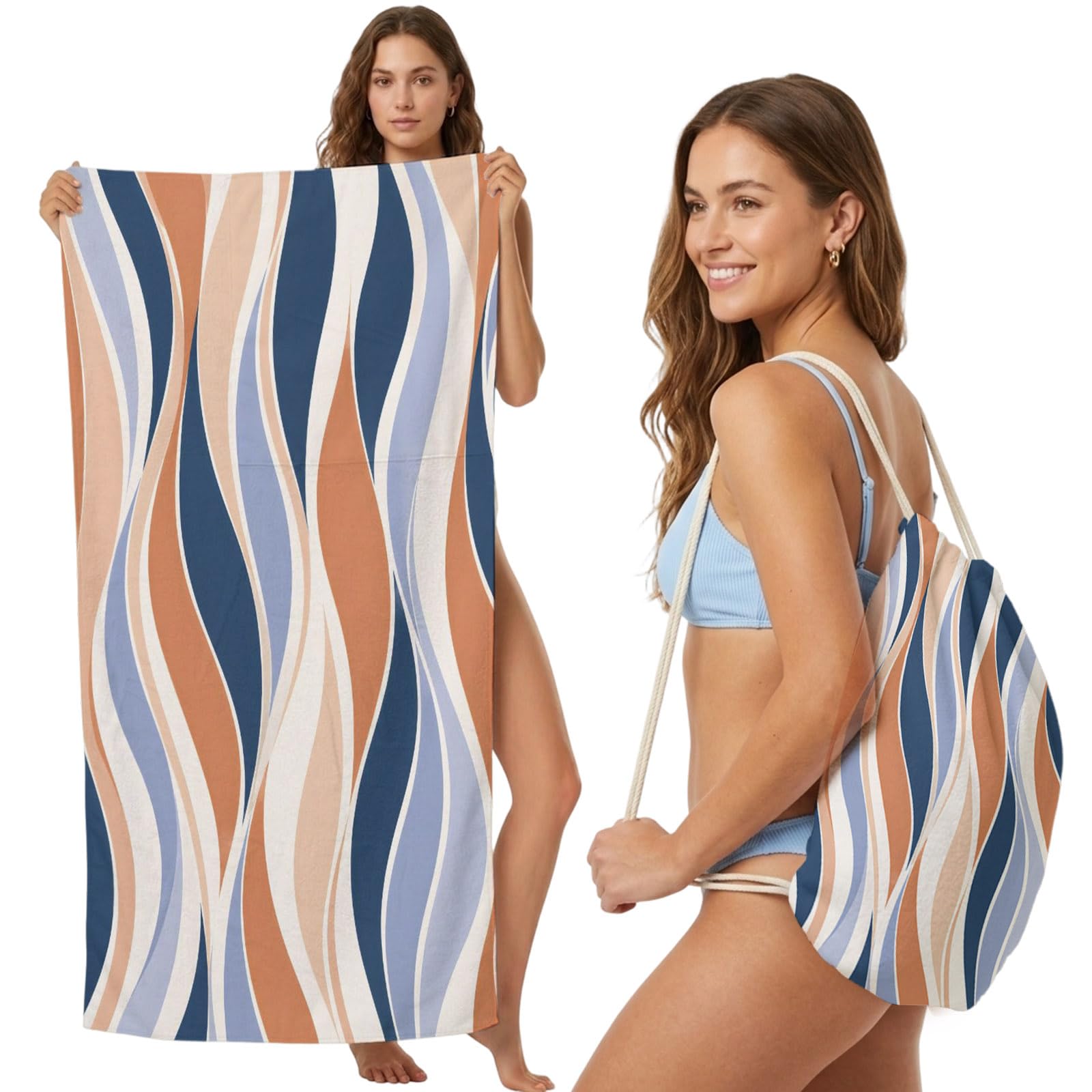 Beach Towel Bag 2 in 1 Navy Orange Waves Stripes Bath Pool Towels Backpack Modern S-Curves Striped Absorbent Beach Towel Soft Quick Dry Lightweight Packable Towels Drawstring Bag for Travel Sports