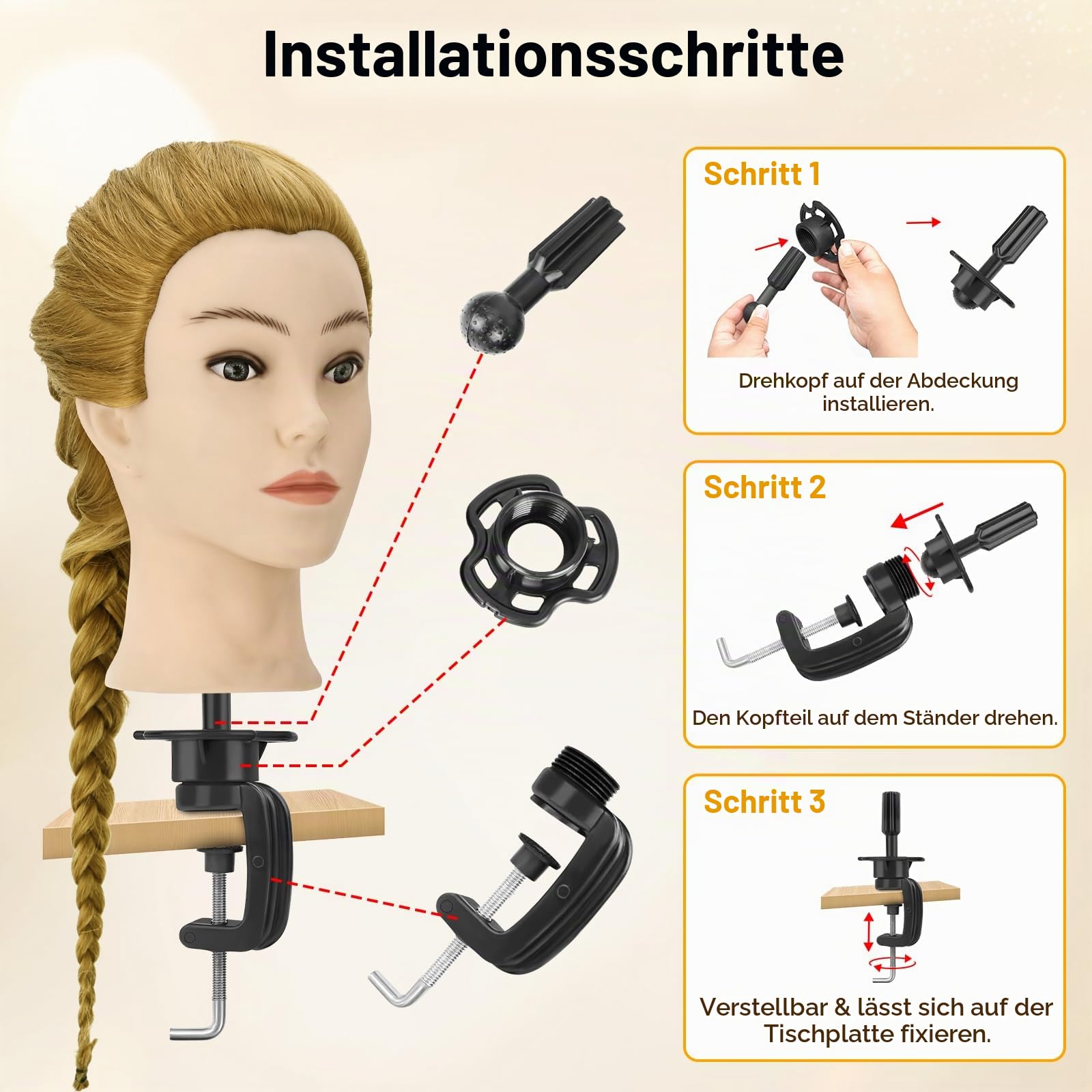 Frisierkopf Echthaar mit Stativ, Trainingskopf mit 90% Echthaar 61cm/24inch, Schaufensterpuppe Kopf Übungskopf, Frisieren Kosmetologie Puppe Kopf mit Tischklemme Halter und Friseur-Werkzeug-Set