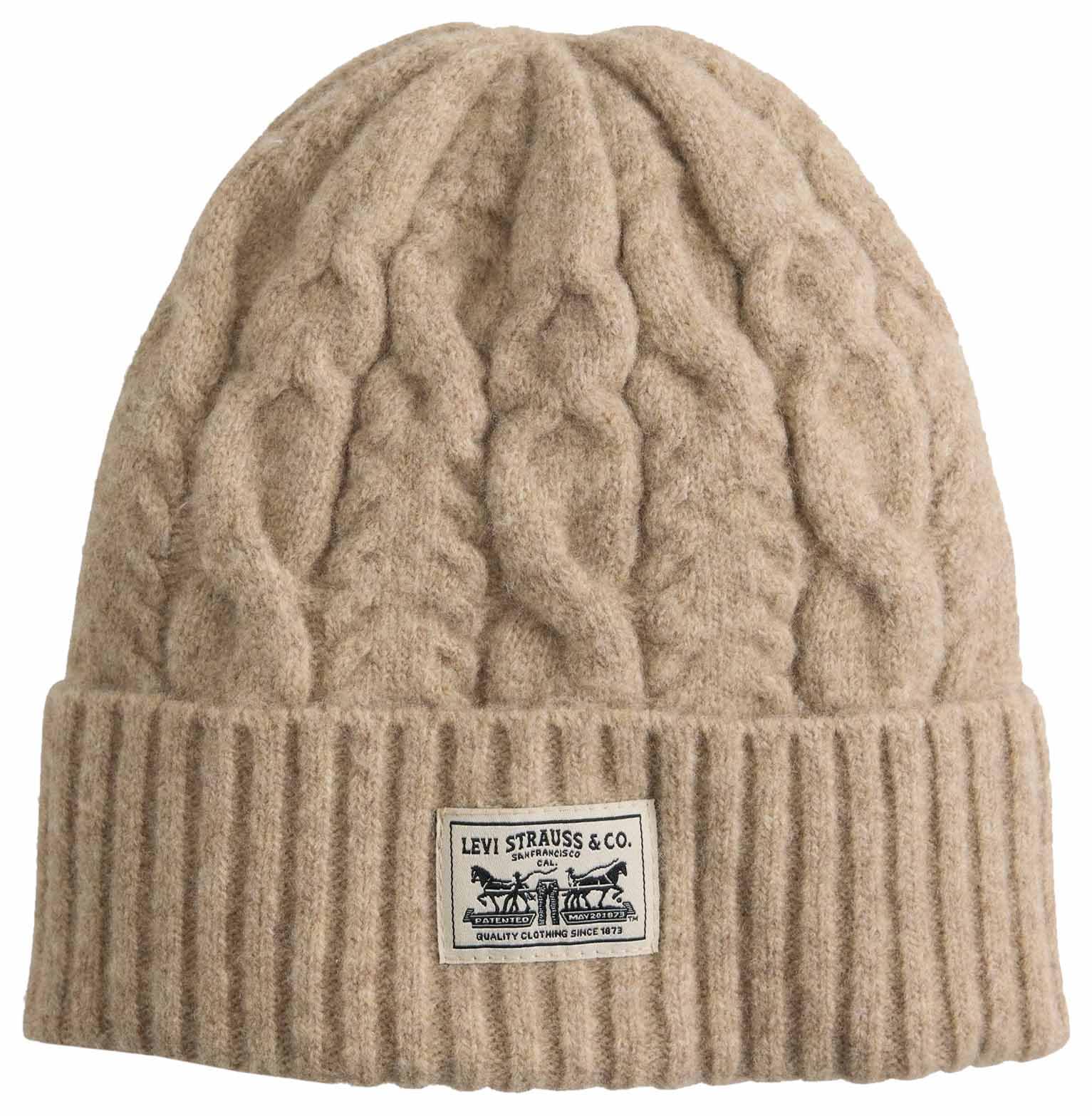 Levi's Women's Backpatch Beanie - Holiday Cable Knit Knitted Hats for Women, Colour Oatmeal Heather, One Size, Oatmeal Heather, One Size