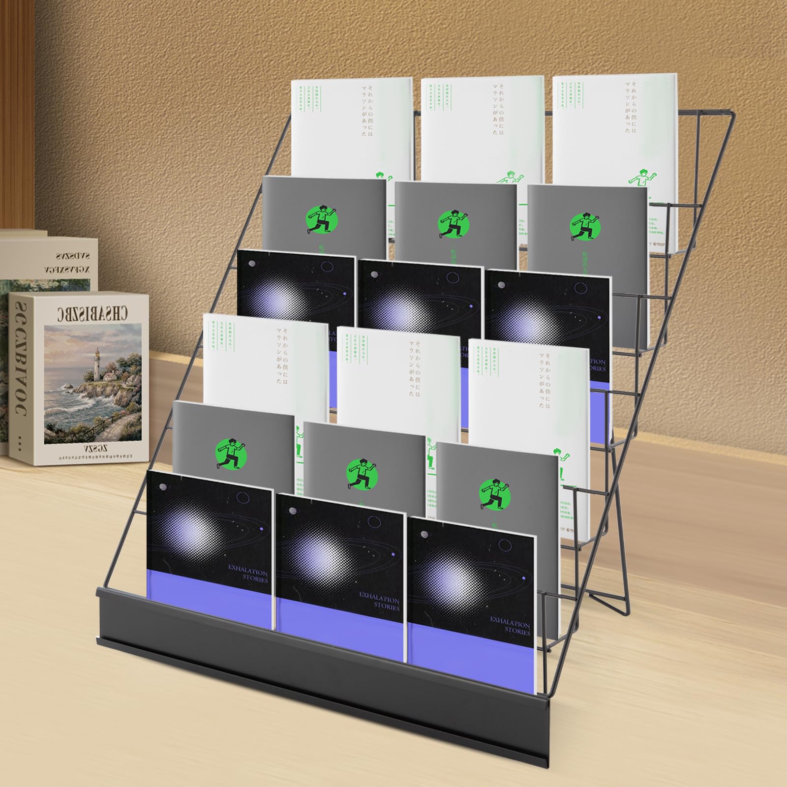 LyeXD 6 Tier Book Display Rack, Comic Book Display Wire Rack Greeting Card Display with Panel Fence, 18