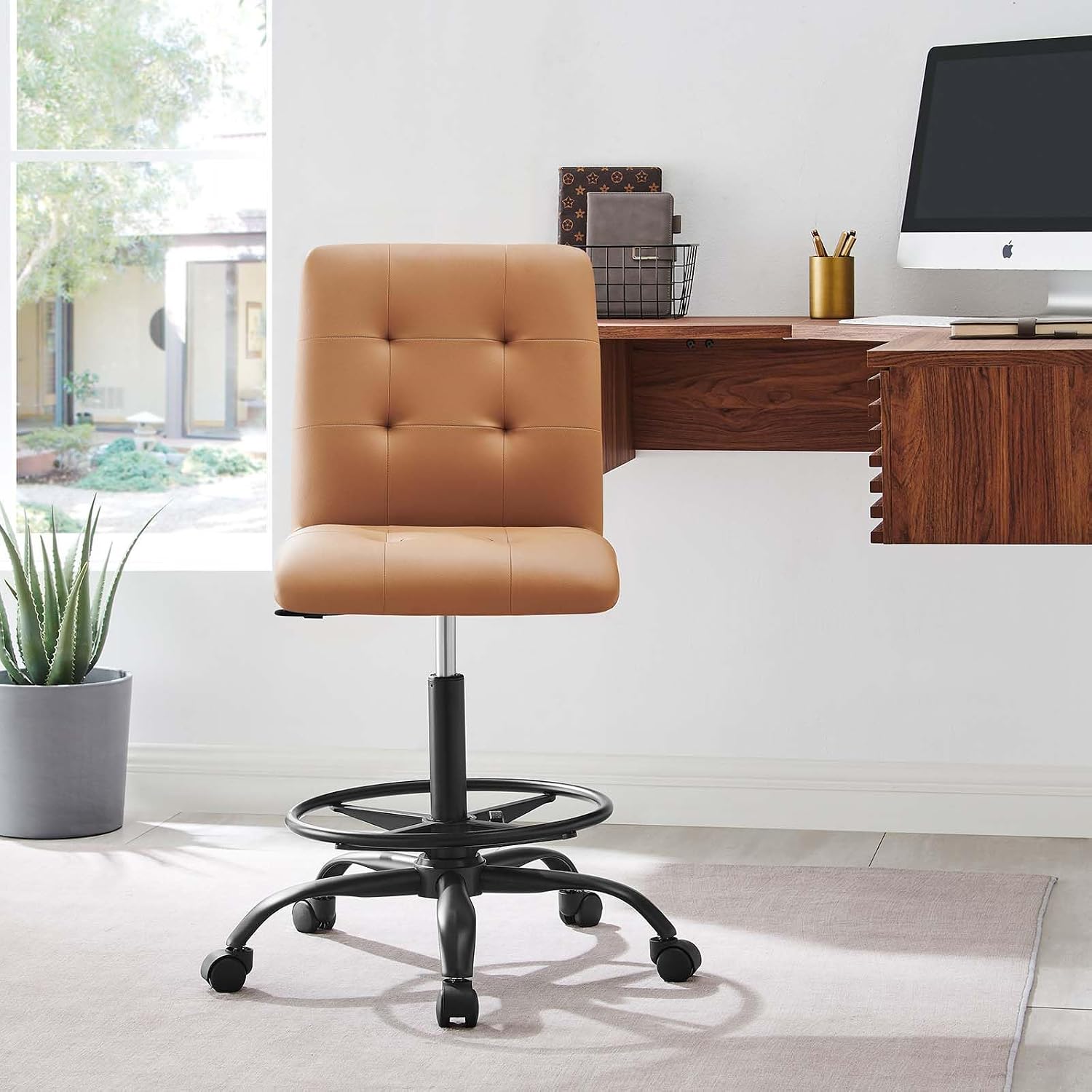 Modway Prim Armless Vegan Leather Drafting Chair in Black Tan