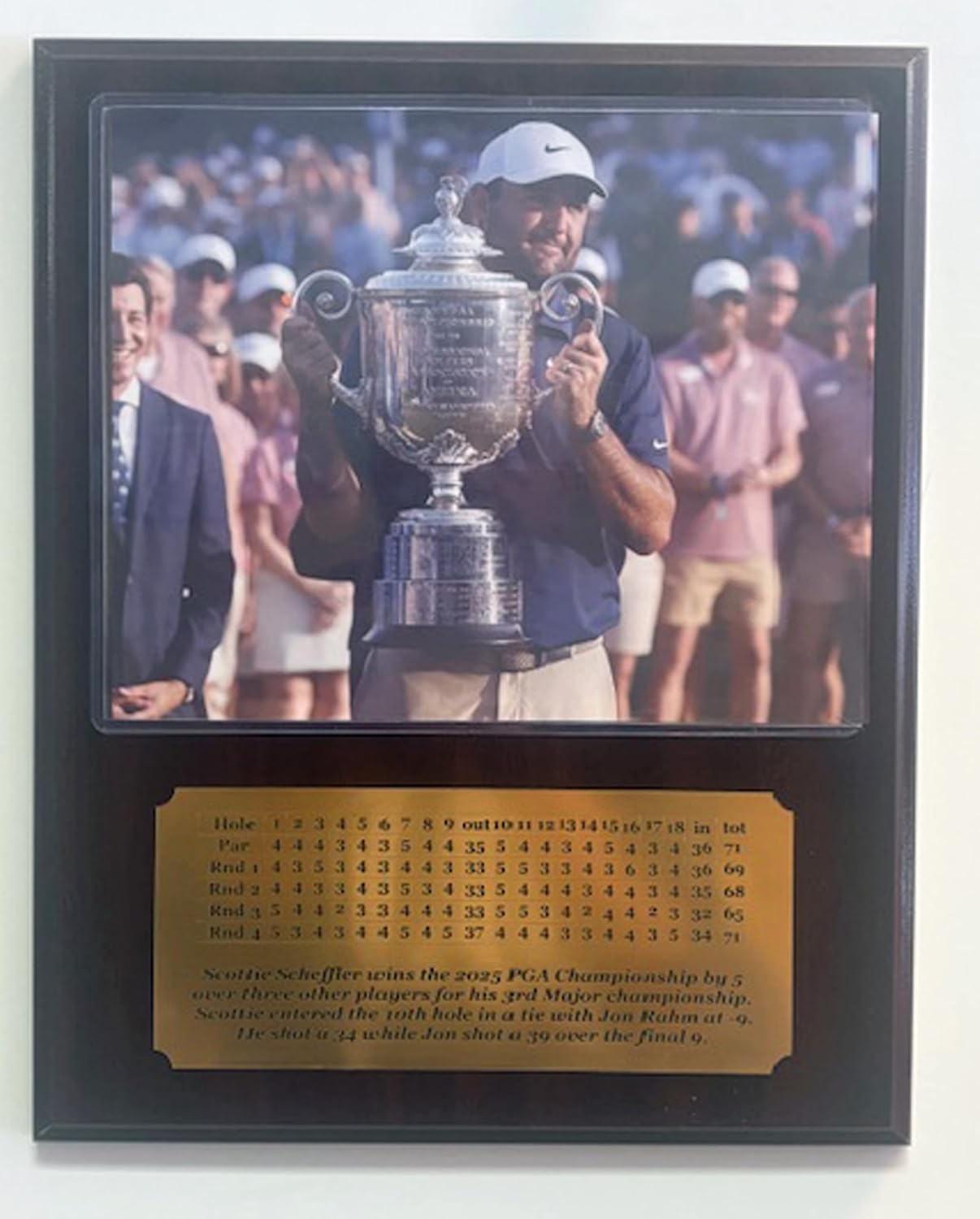 Scottie Scheffler 2025 PGA Champion 8x10 Photo Plaque with engraved 4 day scorecard nameplate - Scottie with trophy (Black Marble)